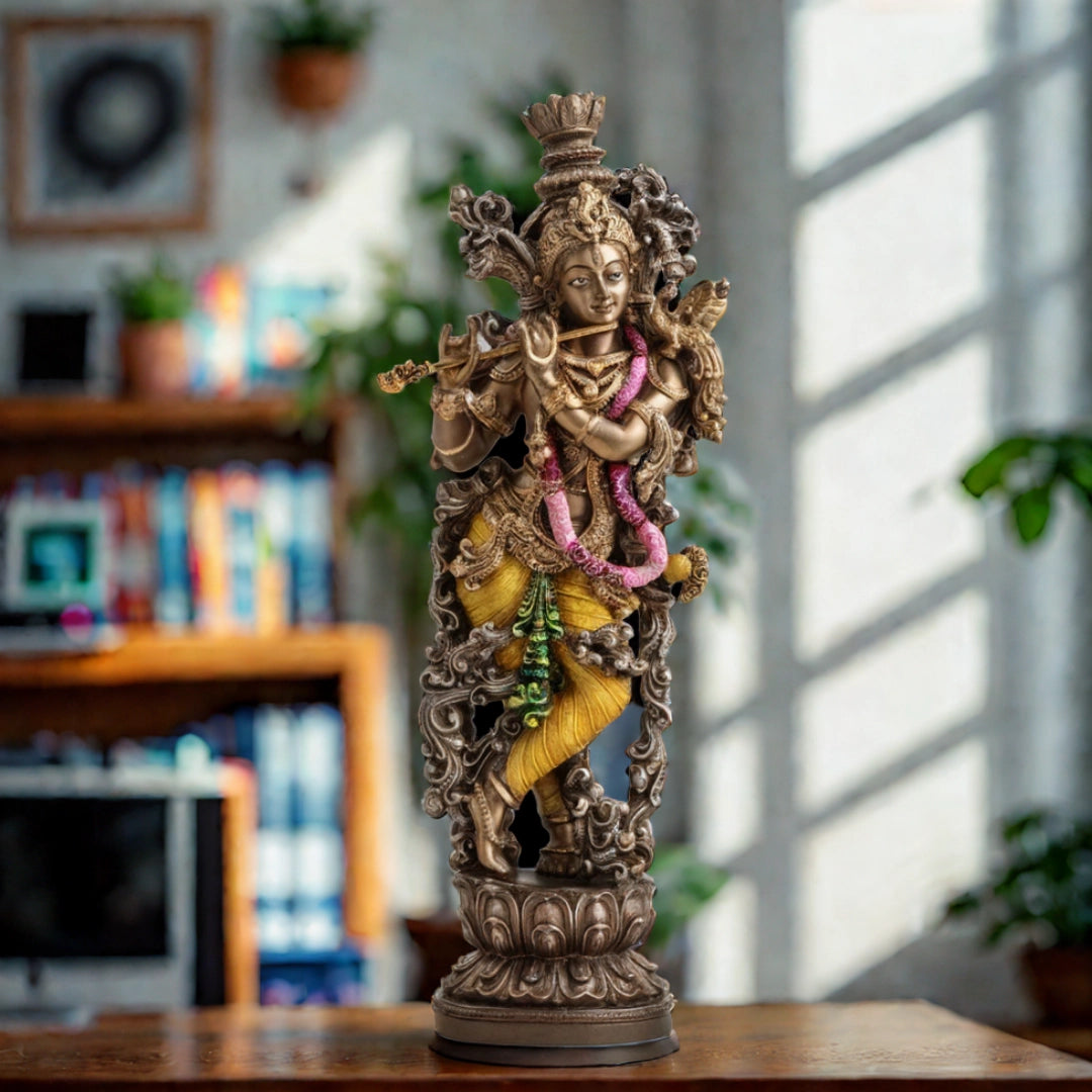 Ashnam Divine Melodies Krishna Playing Flute Figurine - Gold & Yellow, 37cm