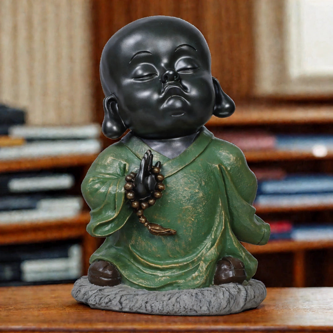 Ashnam Baby Monk Statue Sharing Divine Blessings - Black Green, 32 Cm
