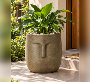 Zen Face Outdoor Planter – Antique Bronze - Lifestyle