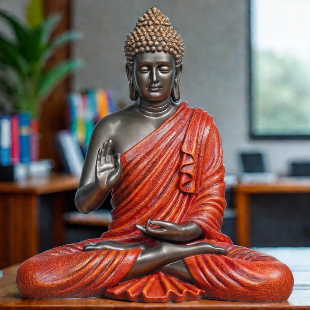 Blessing Buddha 15 Inch Decorative Showpiece – Bronze & Red