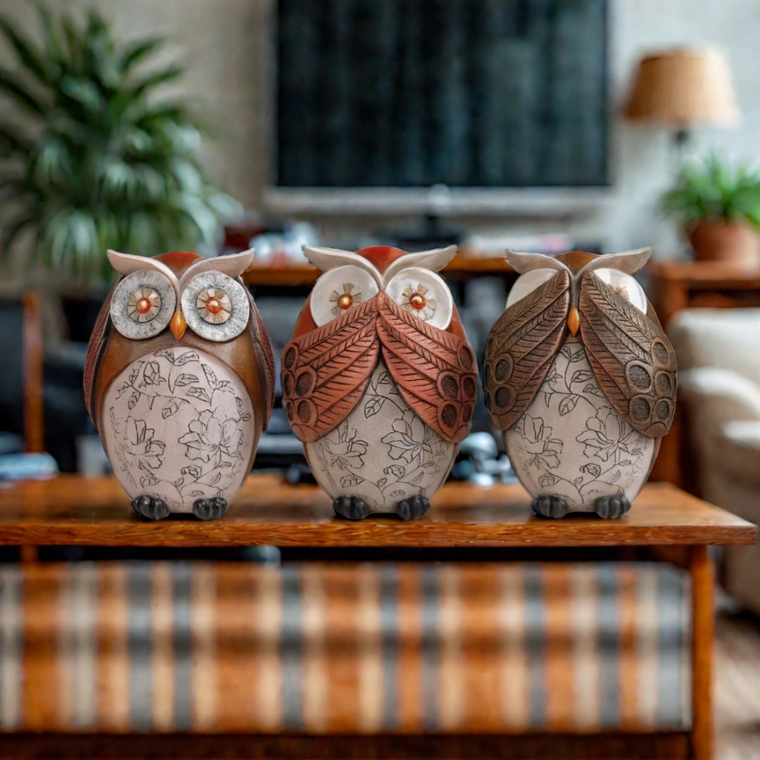 Owl Figurines Decor See No Evil, Hear No Evil, Speak No Evil Cute Owl Statue, 14.5cm, Multicolor (Set of 3)