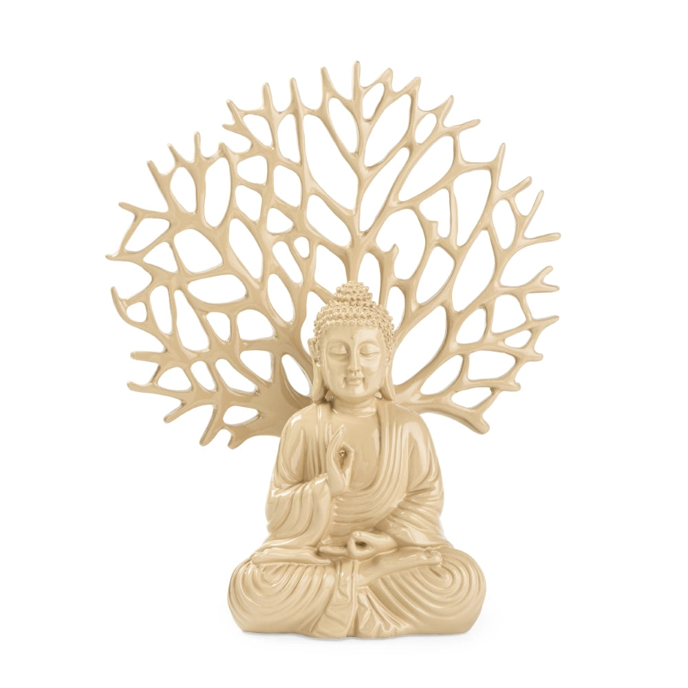 Ashnam Blessing Buddha with Tree Decorative Showpiece – 31.3 Cm, Cream Orange