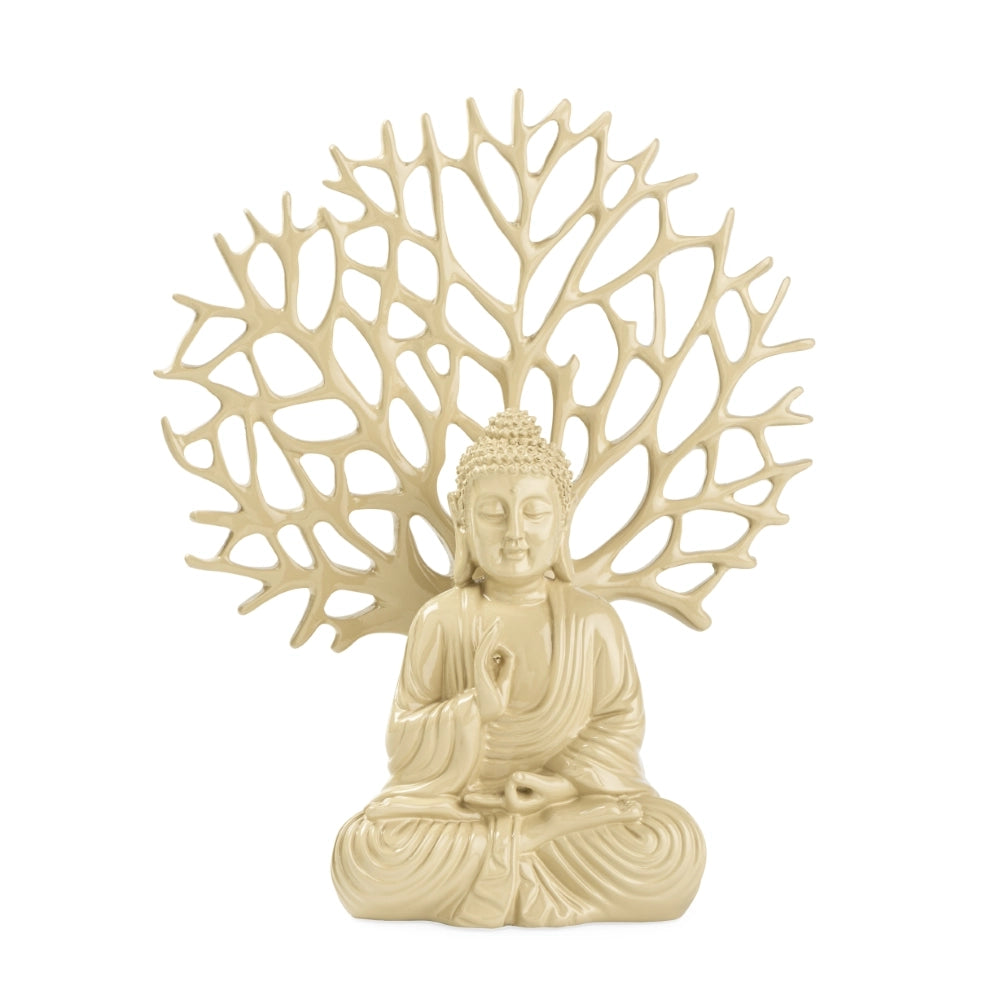 Ashnam Debating Buddha with Tree Decorative Showpiece – 31.3 Cm, Beige
