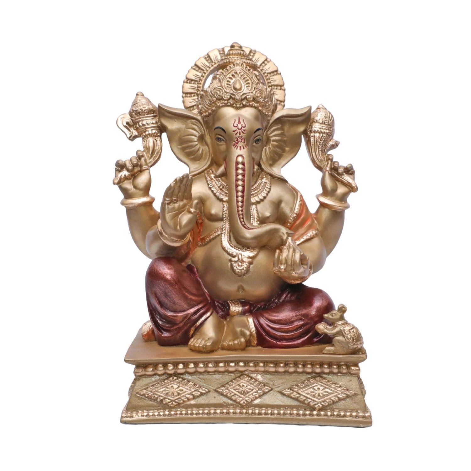 Ashnam Square Base Ganesha - Gold & Red, 25.4cm