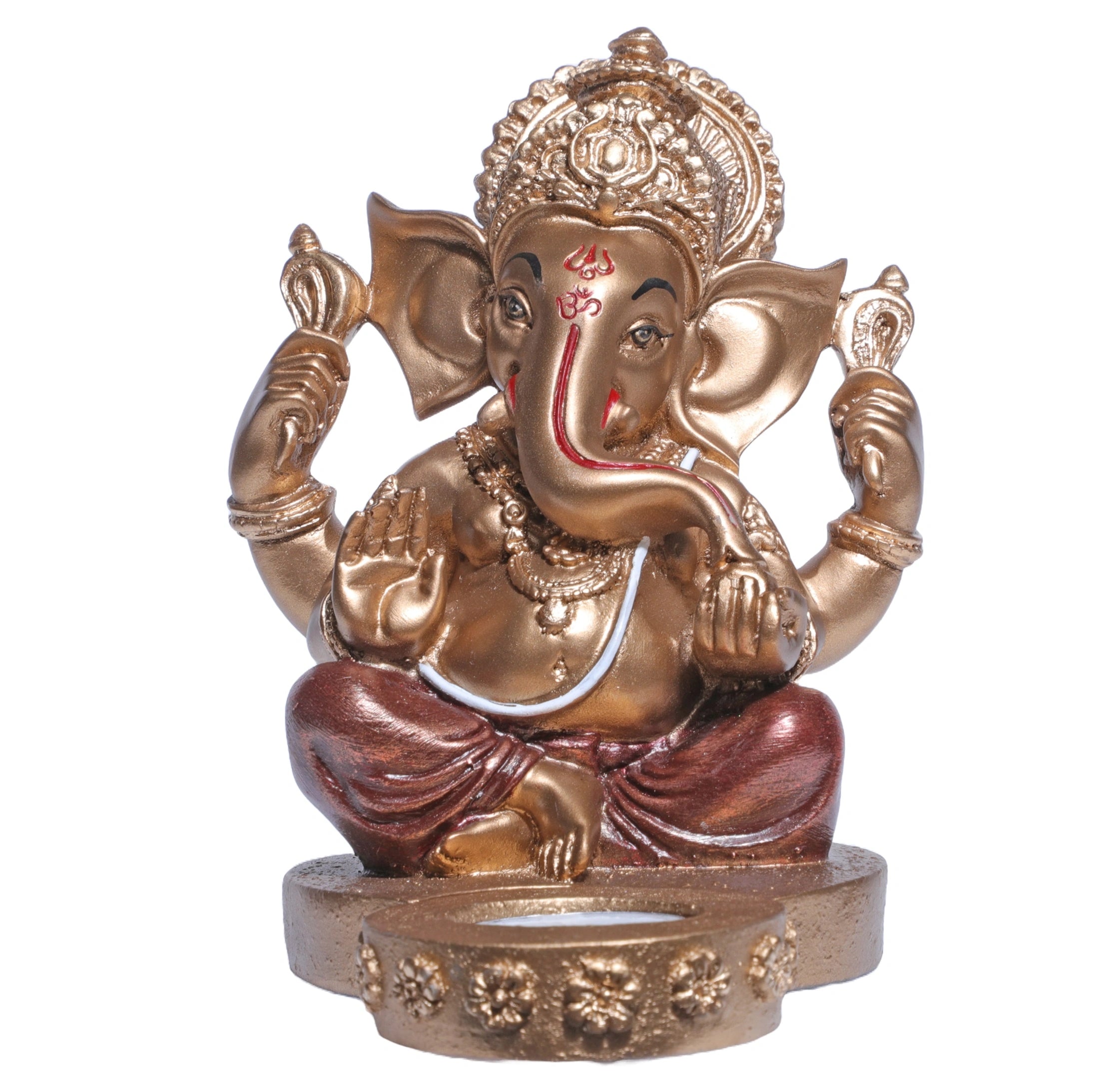 Ashnam Ganesha Figurine with T-Light Holder - Gold & Red, 17.4cm
