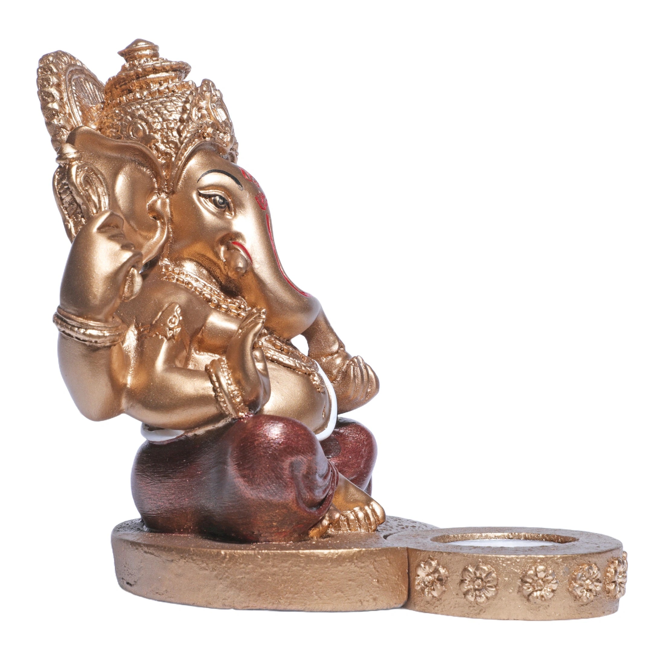 Ashnam Ganesha Figurine with T-Light Holder - Gold & Red, 17.4cm