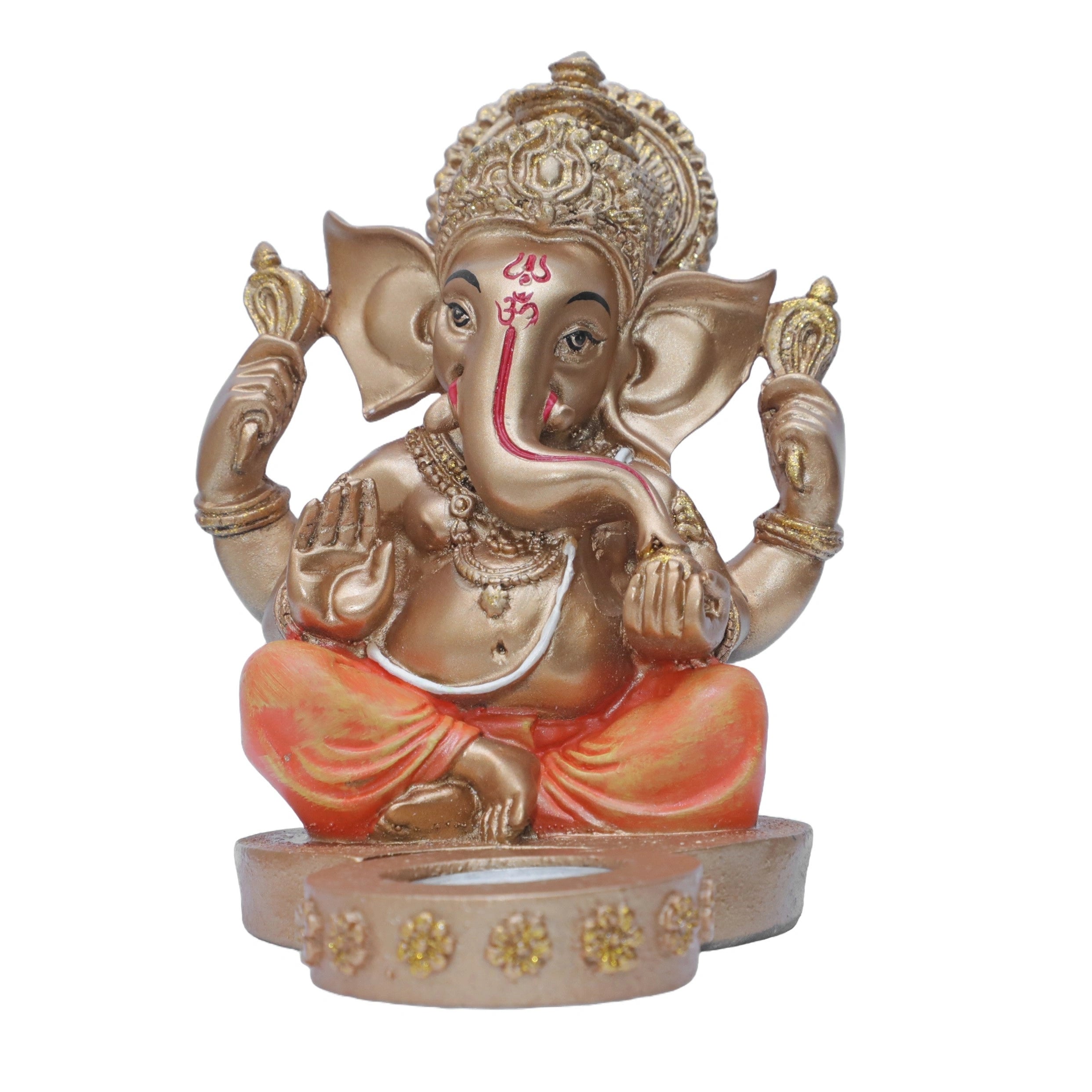 Ashnam Ganesha Figurine with T-Light Holder - Gold & Orange, 17.4cm