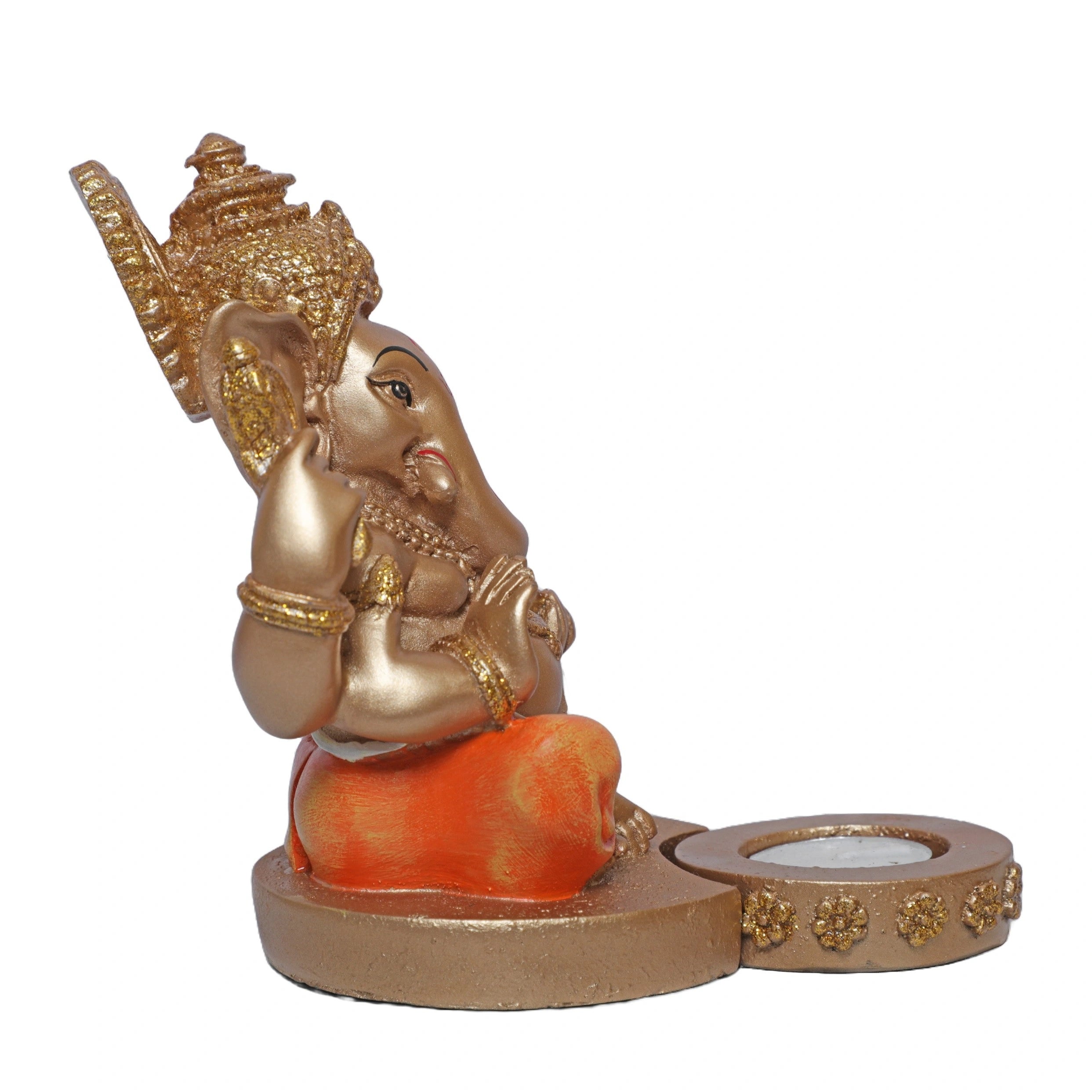 Ashnam Ganesha Figurine with T-Light Holder - Gold & Orange, 17.4cm