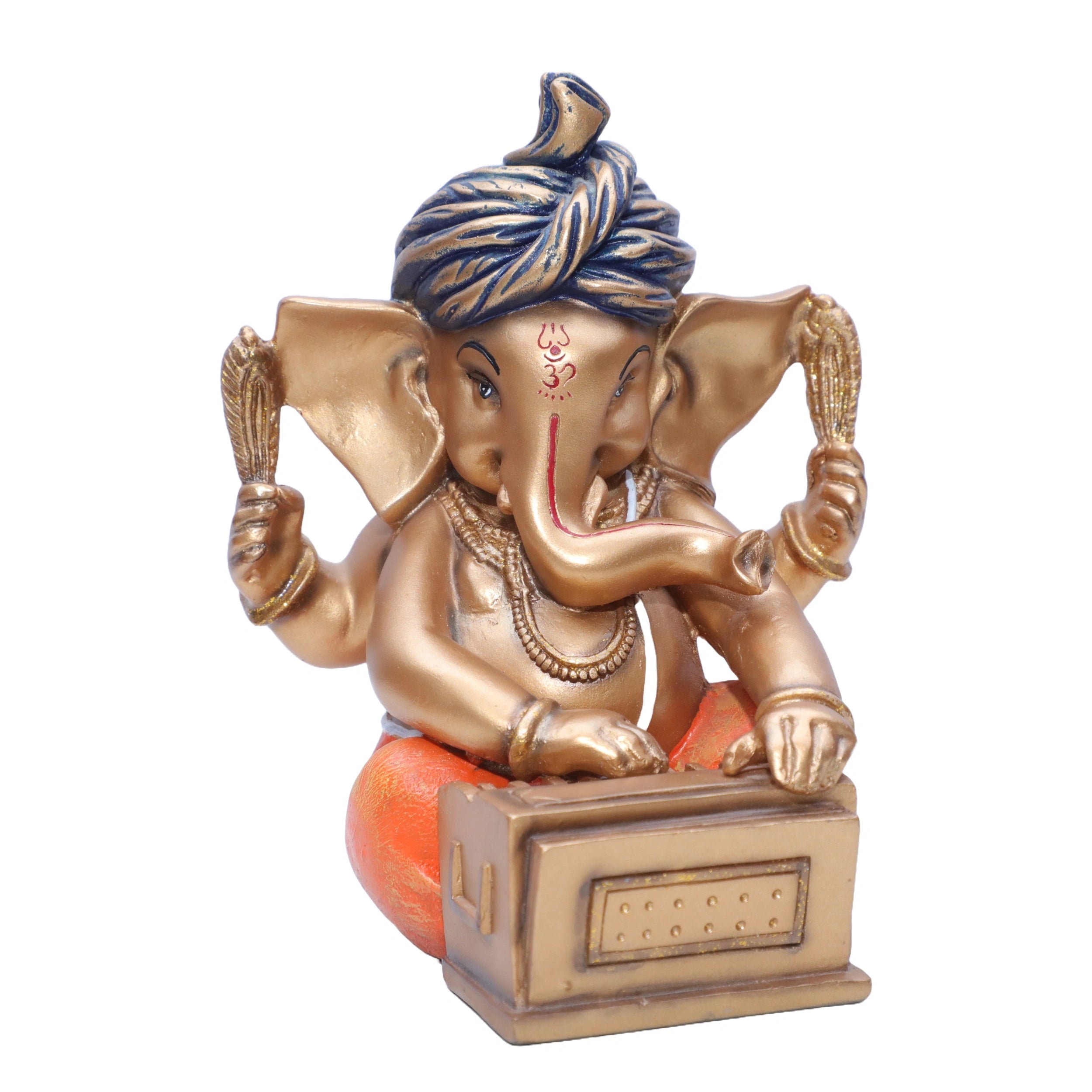 Ashnam Pagadi Harmonium Music Ganesha - Gold & Orange, 17cm