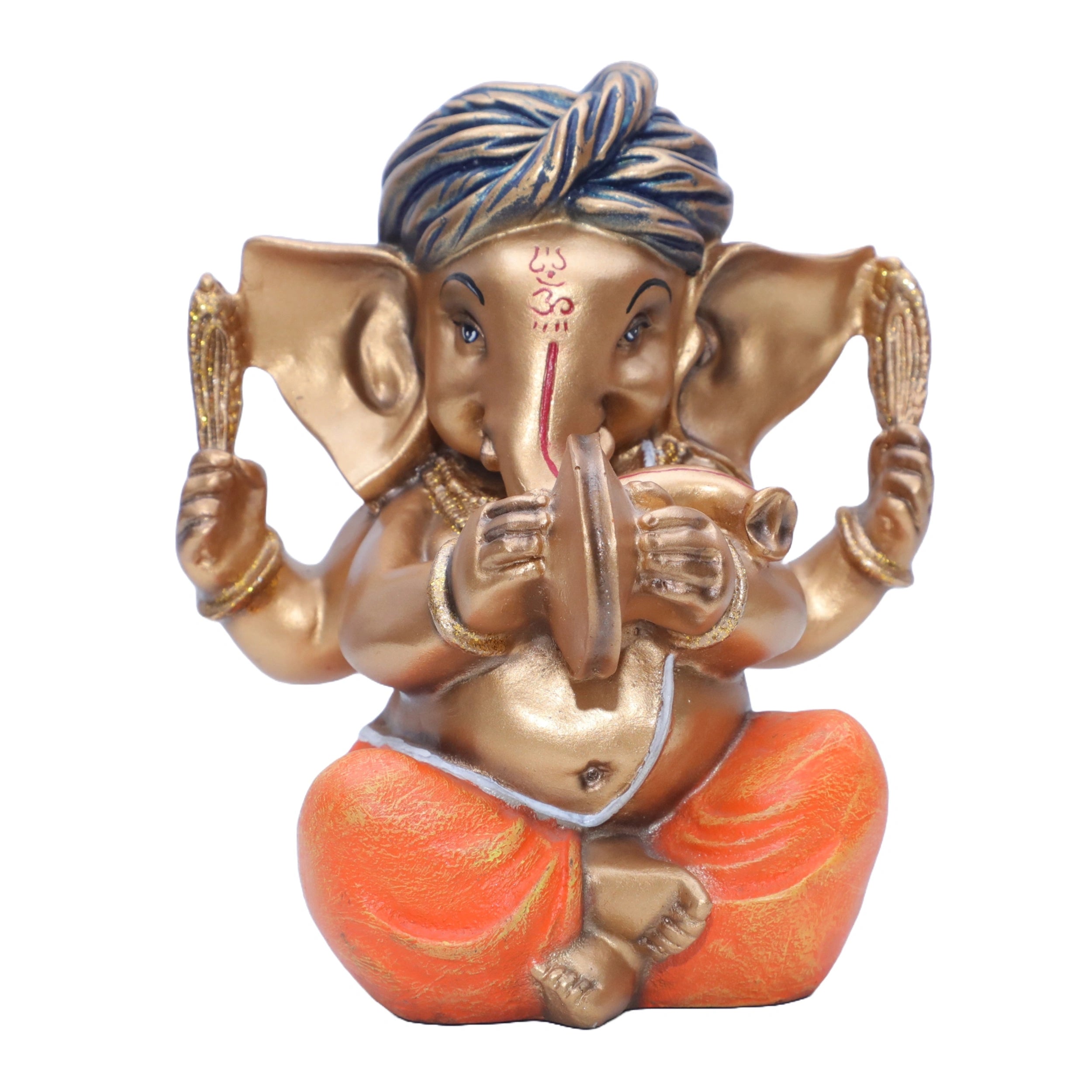 Ashnam Pagadi Manjira Music Ganesha - Gold & Orange, 16cm
