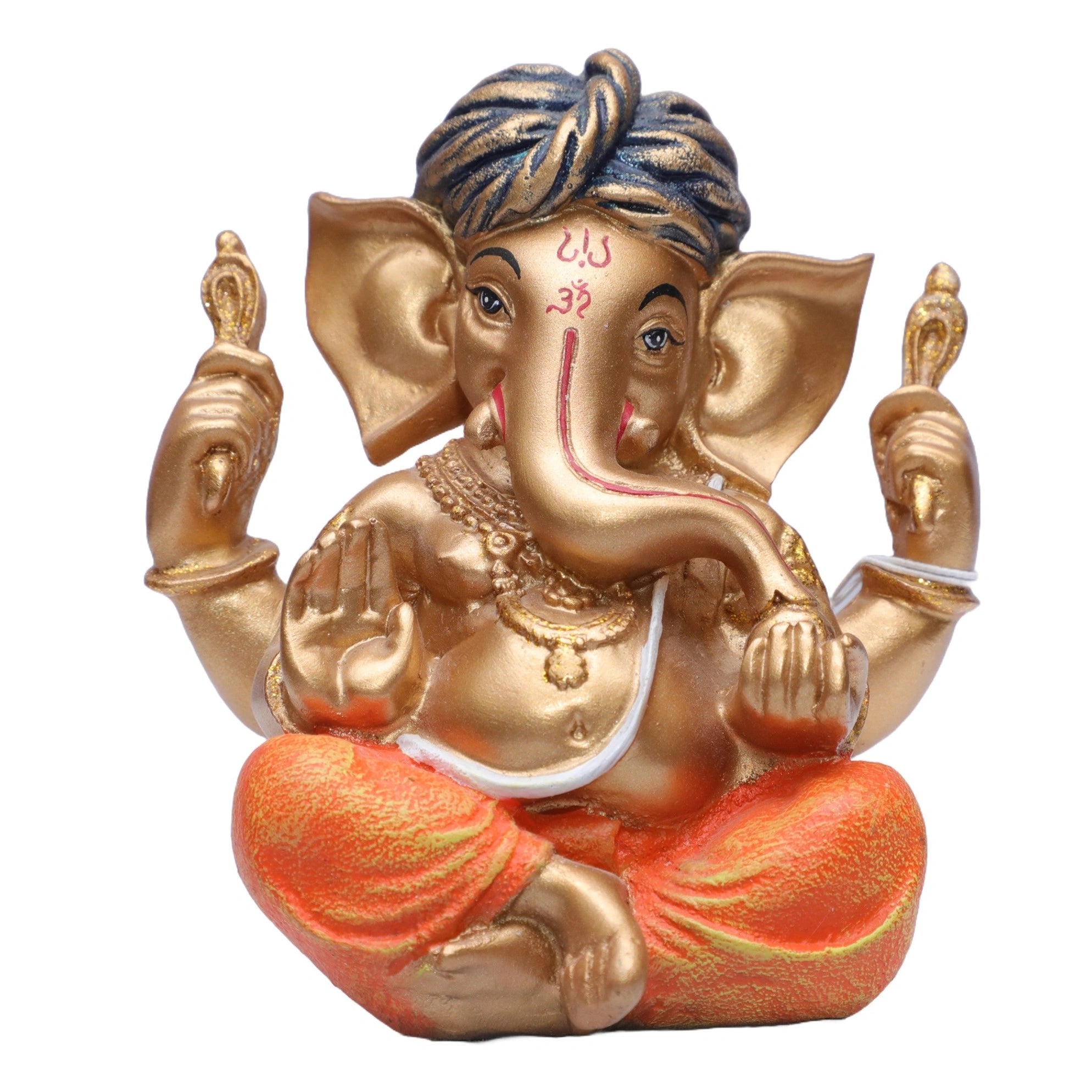 Ashnam Pheta Blessing Ganesha Decorative Showpiece - Gold & Orange, 12.2cm