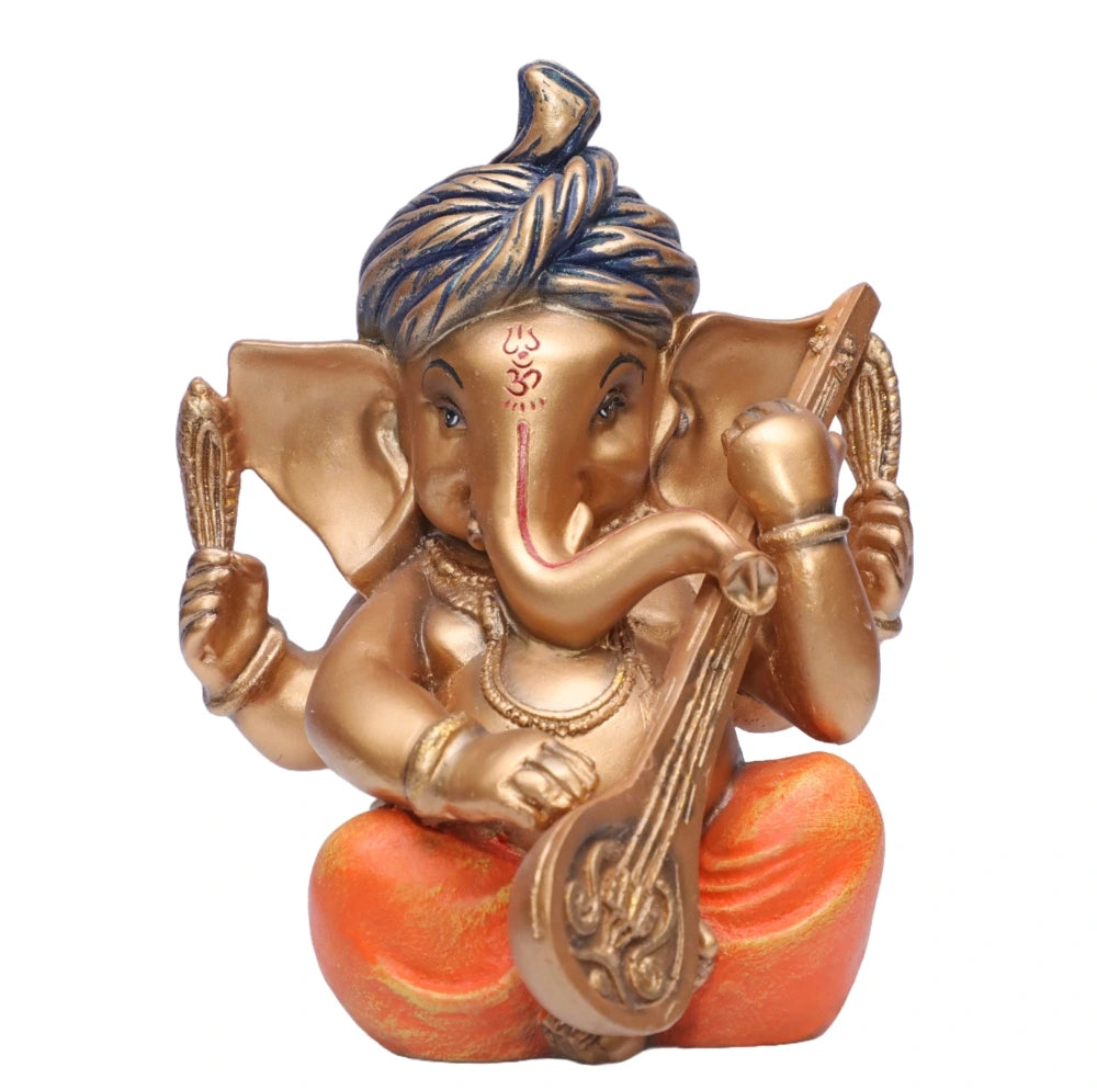 Ashnam Pagadi Sitar Music Ganesha - Gold & Orange, 17cm