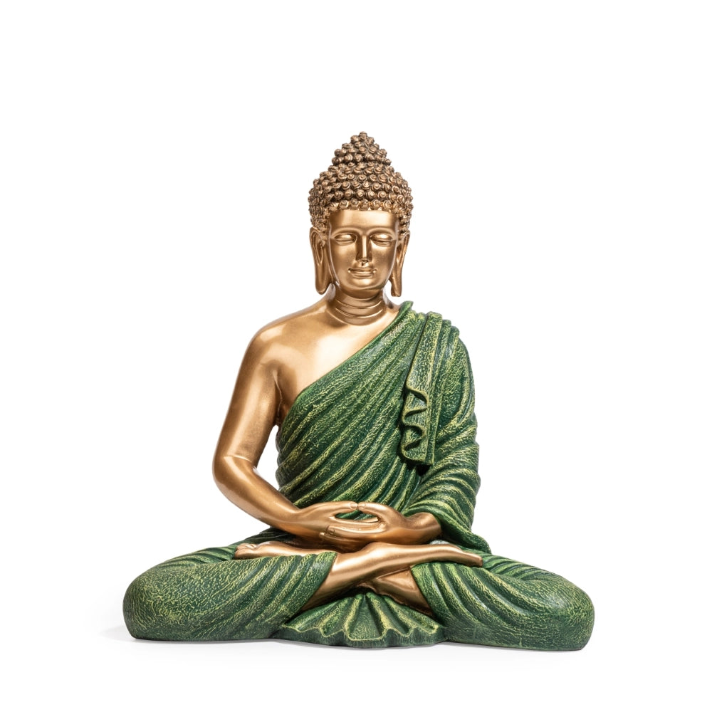 Ashnam Meditative Buddha 15 Inch Decorative Showpiece – Gold & Green