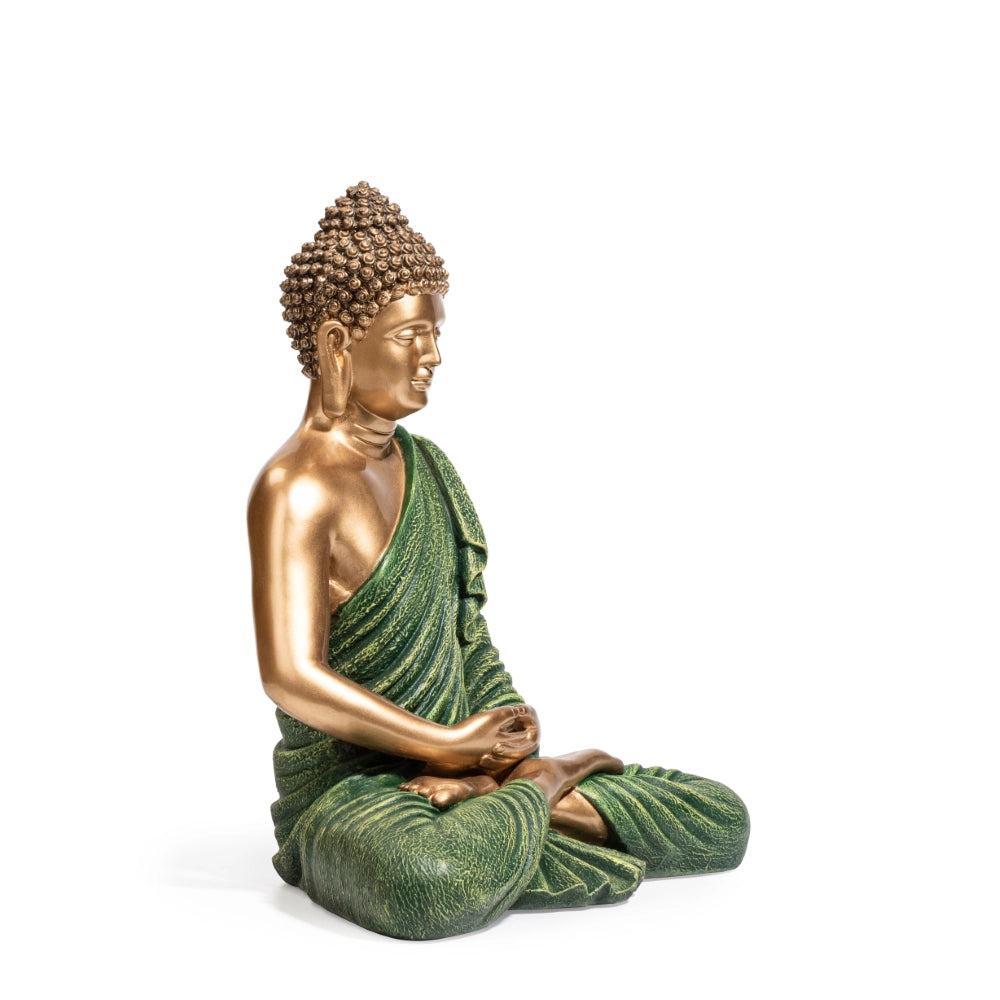 Ashnam Meditative Buddha 15 Inch Decorative Showpiece – Gold & Green