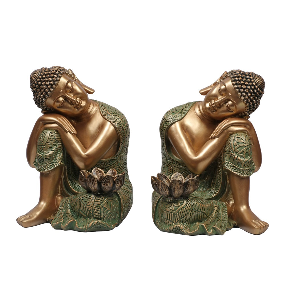 Ashnam Resting Buddha Bookend - Left Side & Right Side, Set of Two - Gold & Green, 23cm