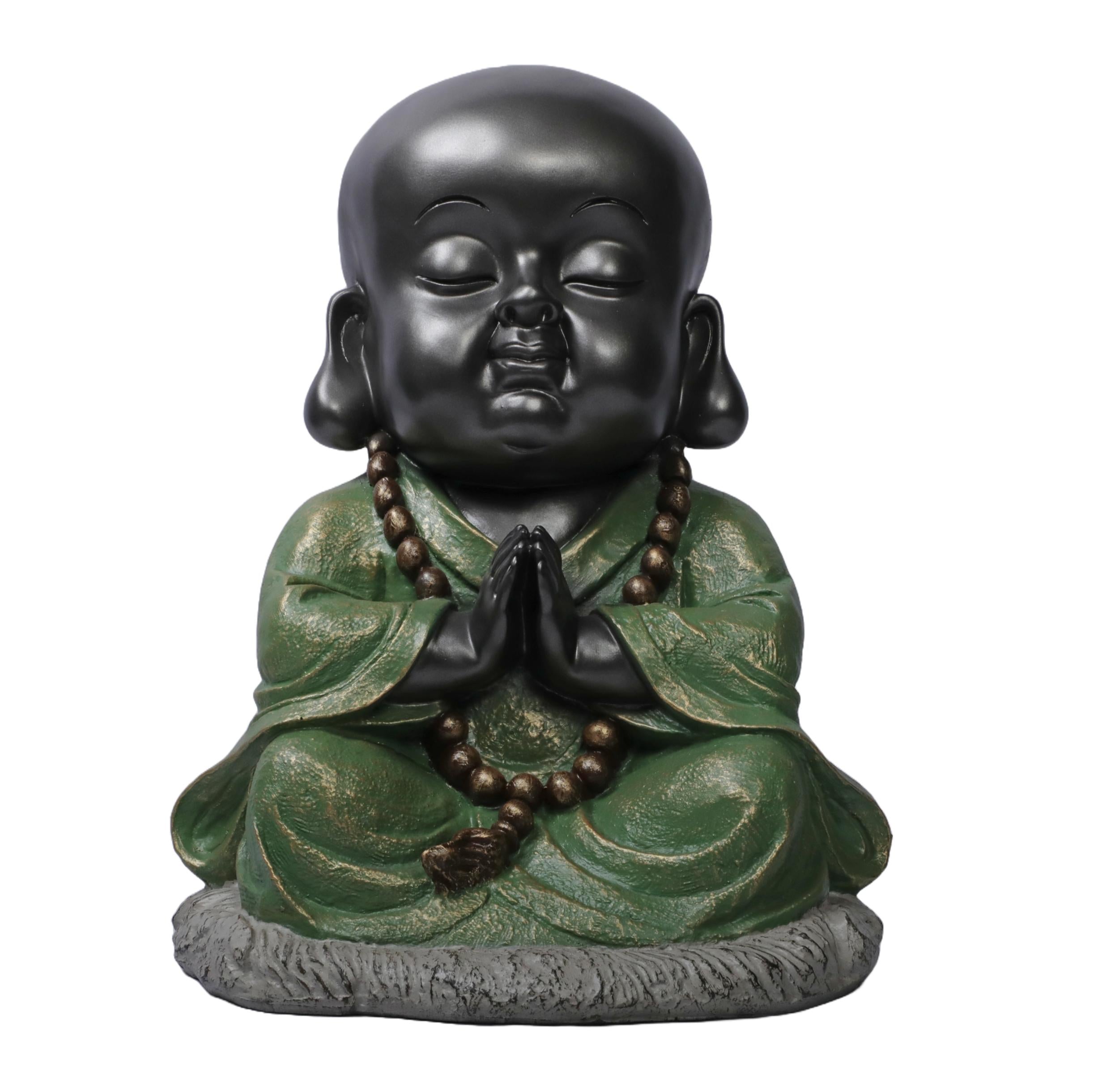 Ashnam Baby Monk Statue Engaged in Prayer - Black Green, 30 Cm