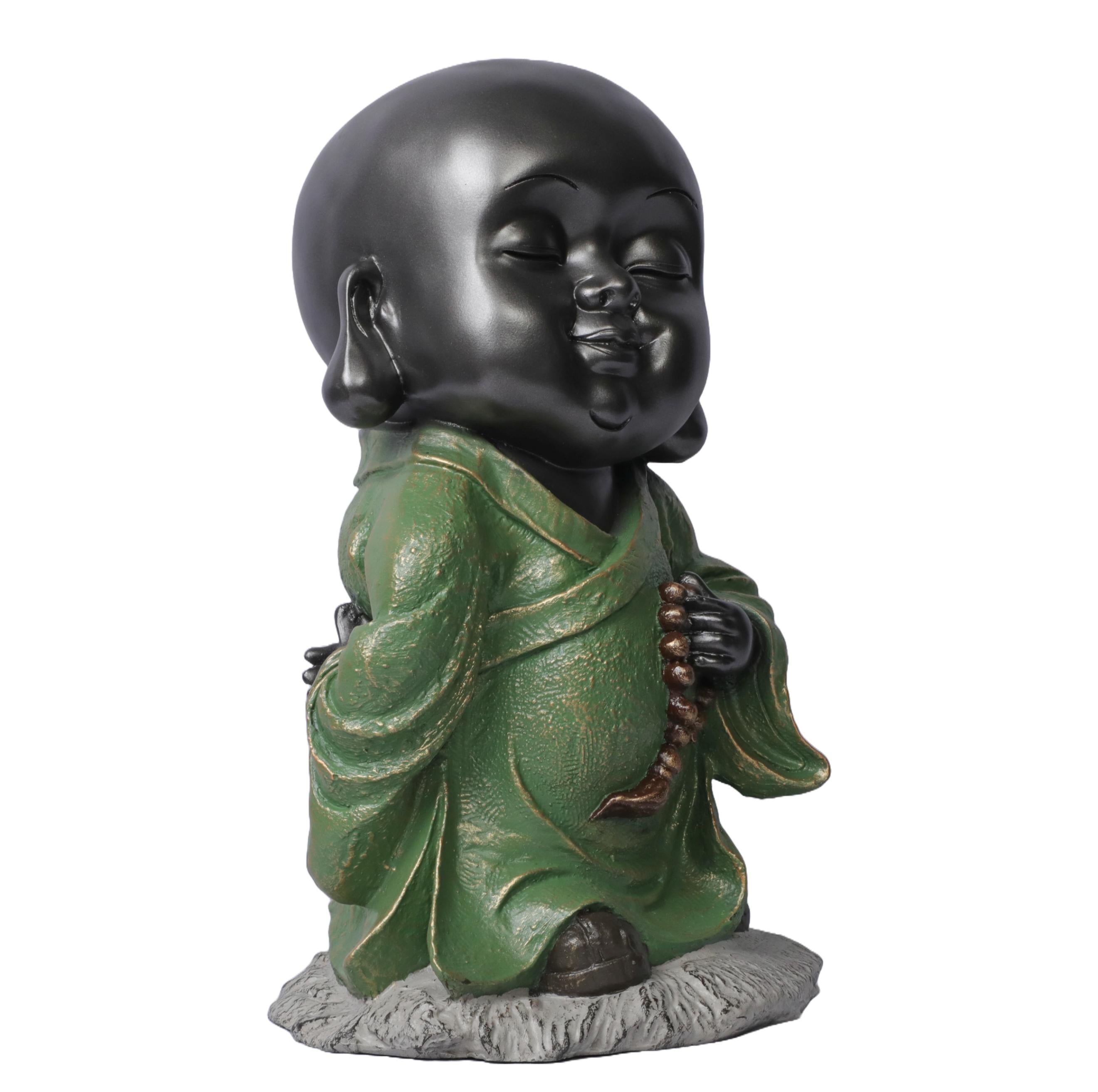 Ashnam Little Guardian of Tranquility: Baby Monk Statue Adorning Pearls - Black Green, 32 Cm