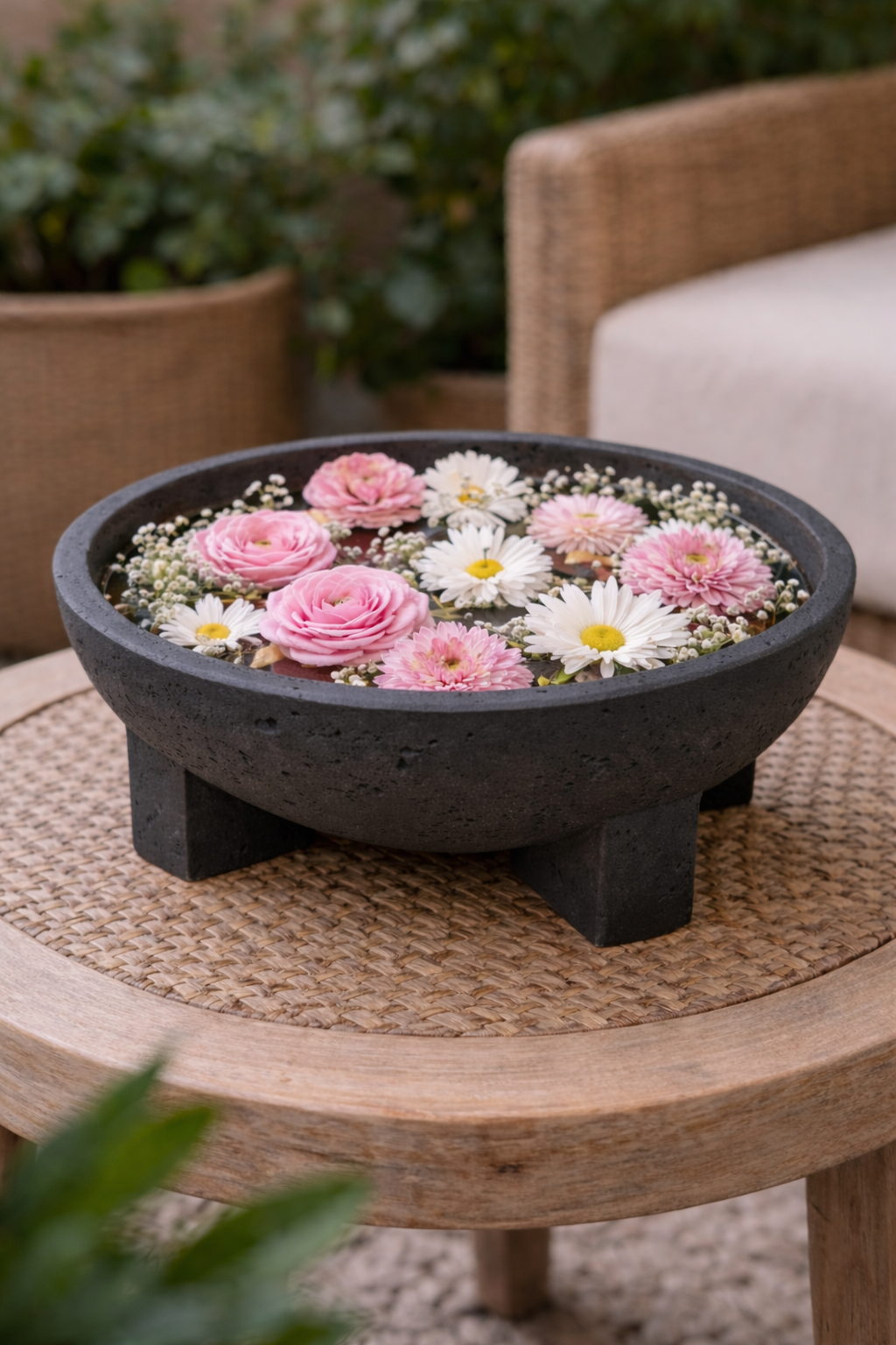 Elegant Centerpiece Urli Bowl - Black Charcoal Finish