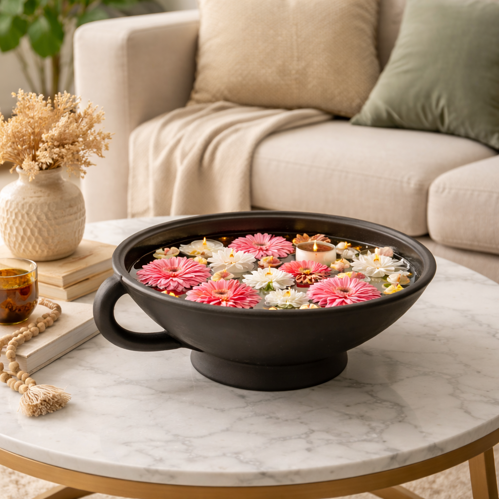 Urli Bowl for Floating Candles & Flowers Elegant Centerpiece - Black Charcoal