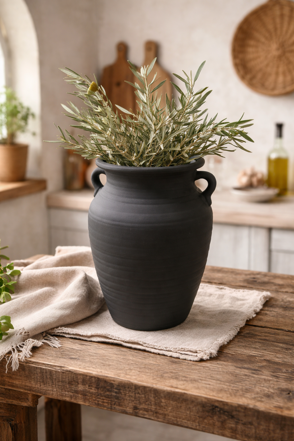 Rustic Vase with Handles Vintage Style Flower Vase - Black Charcoal