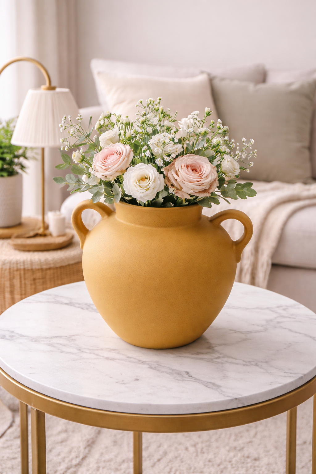 Minimalist Dual-Handle Vase Modern Decorative Tabletop Flower Vase - Marble Finish