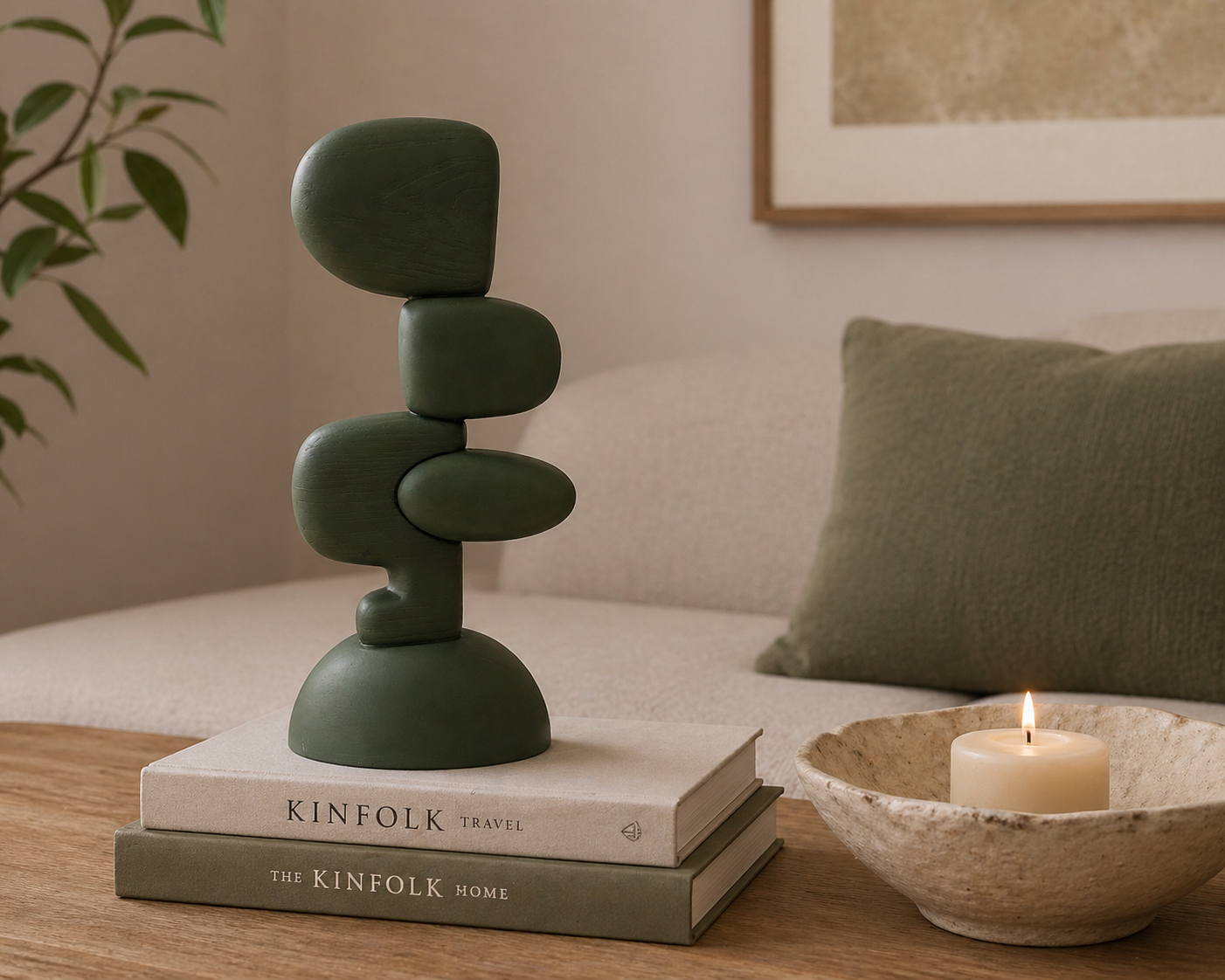Modern Abstract Polyresin Sculptural Showpiece Minimalist Decorative Table Accent – Olive Gris – Polyresin