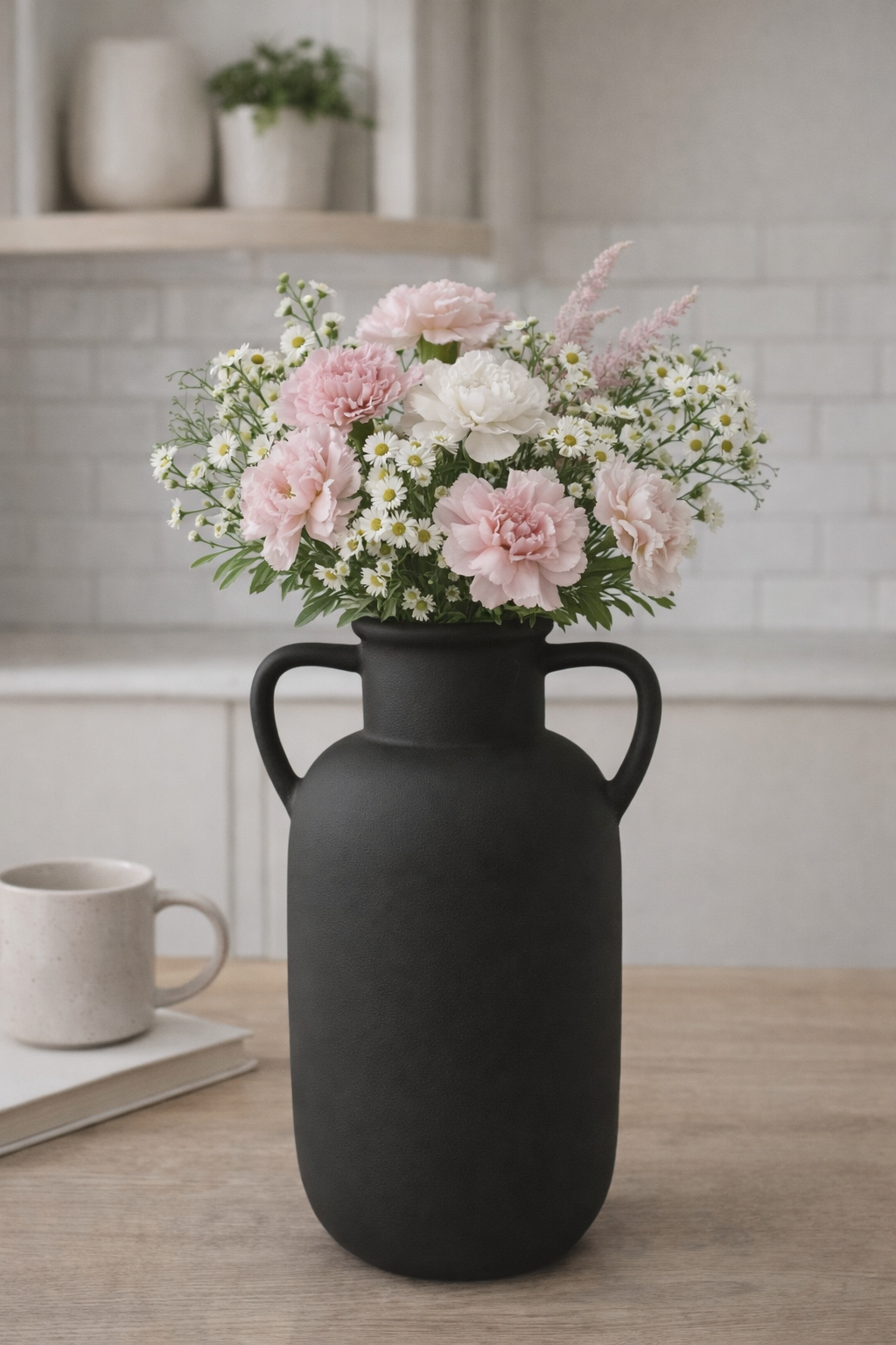 Modern Minimalist Dual Handle Decorative Vase Matte Finish Sculptural Flower Vase for Living Room, Shelf & Table Décor - Black Charcoal