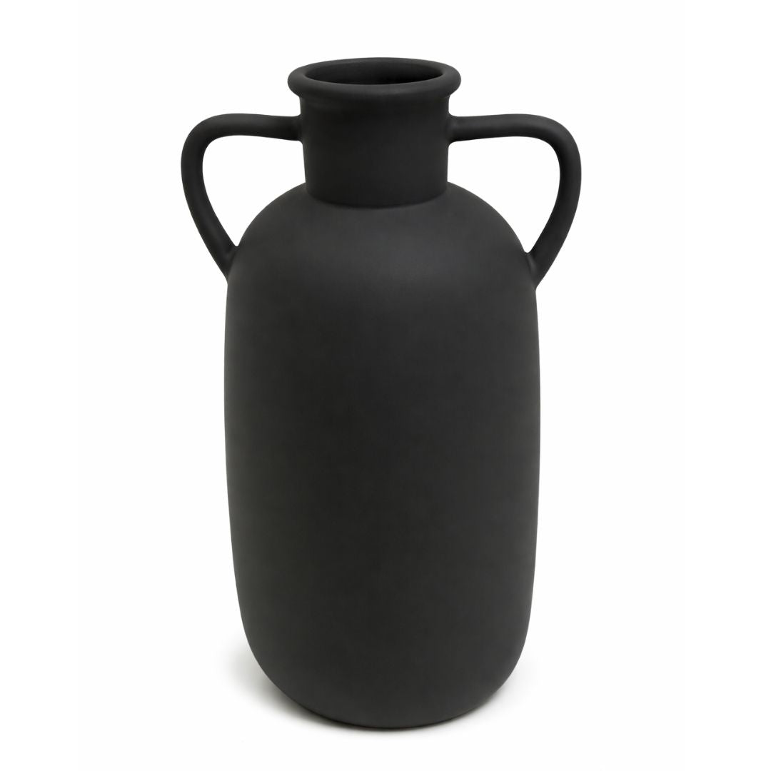 Modern Minimalist Dual Handle Decorative Vase Matte Finish Sculptural Flower Vase for Living Room, Shelf & Table Décor - Black Charcoal