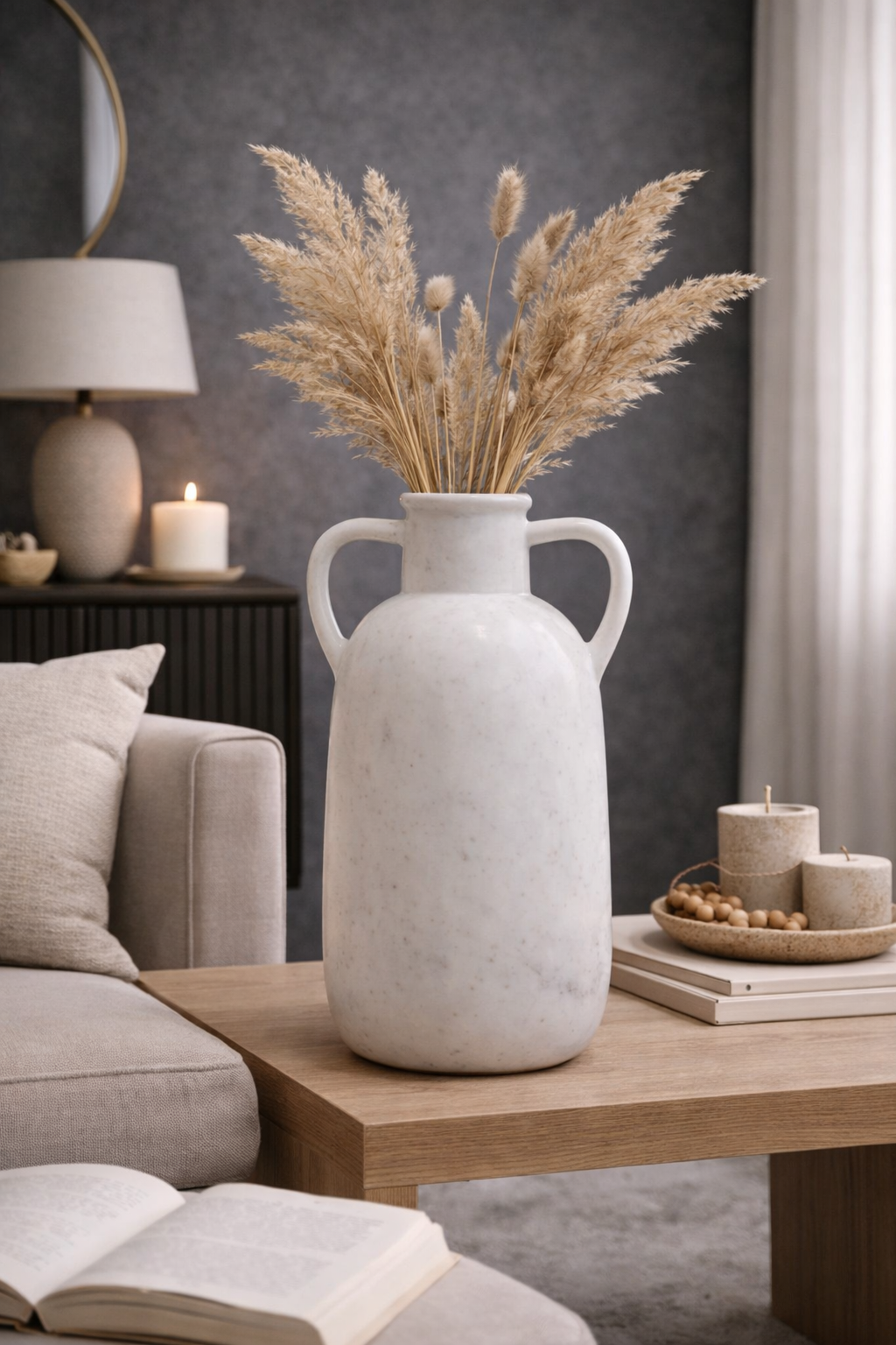 Modern Minimalist Dual Handle Decorative Vase Matte Finish Sculptural Flower Vase for Living Room, Shelf & Table Décor - Marble Finish