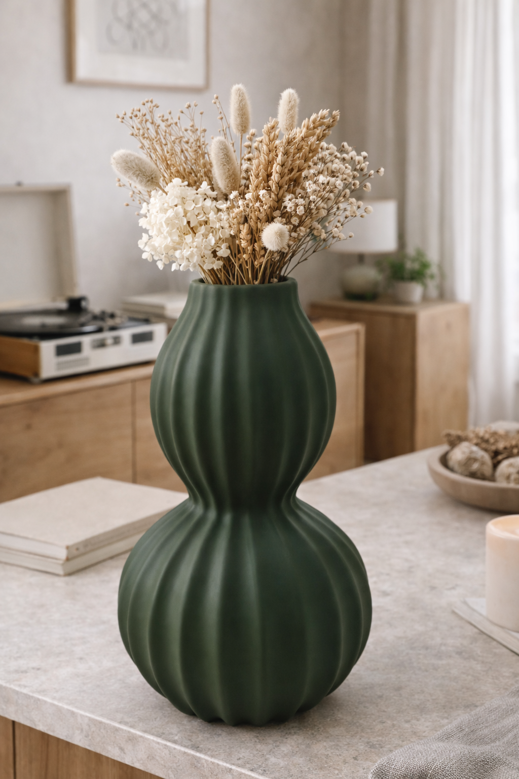 Elegant Ribbed Double Gourd Decorative Vase Modern Textured Home Decor Accent - Sand Finish