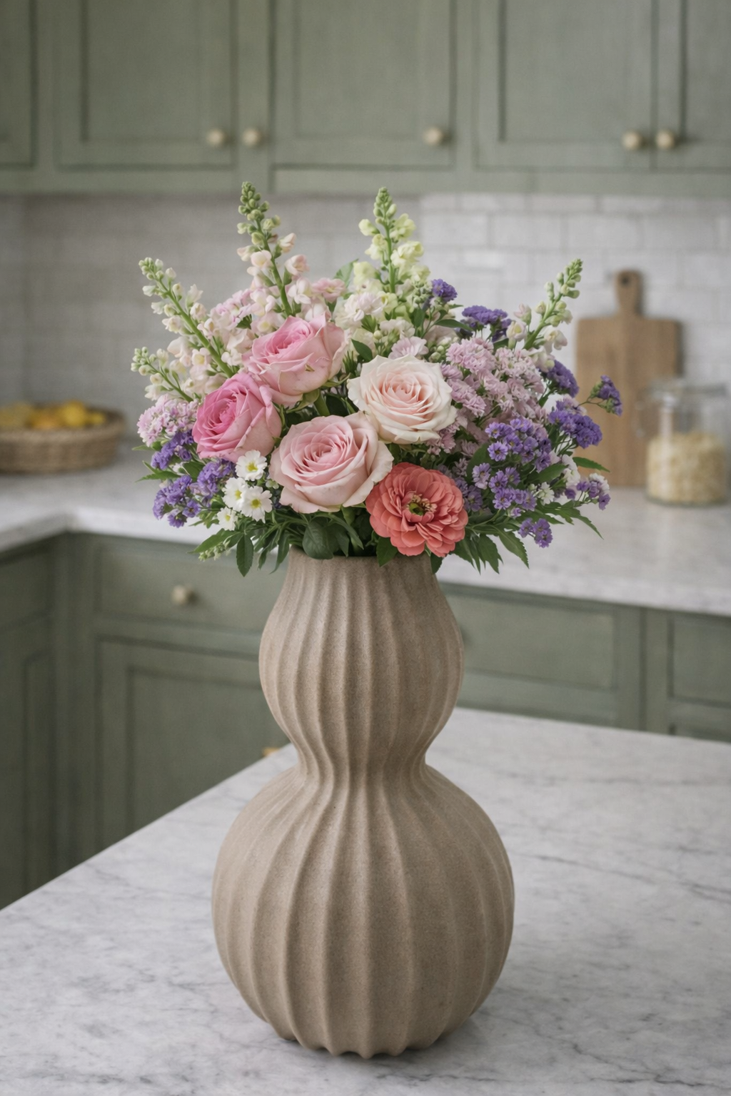 Elegant Ribbed Double Gourd Decorative Vase Modern Textured Home Decor Accent - Beige Brun