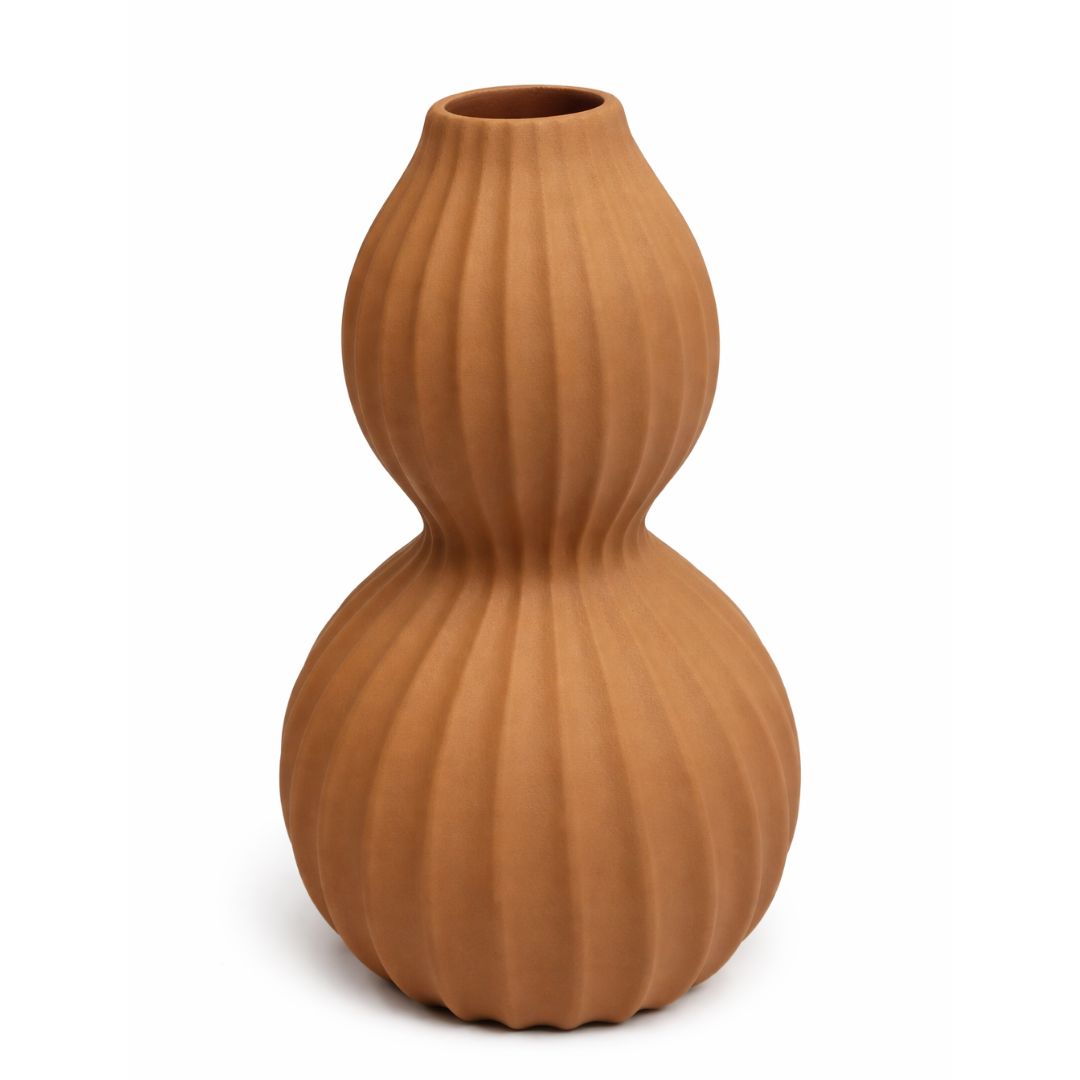 Elegant Ribbed Double Gourd Decorative Vase Modern Textured Home Decor Accent - Olive Gris