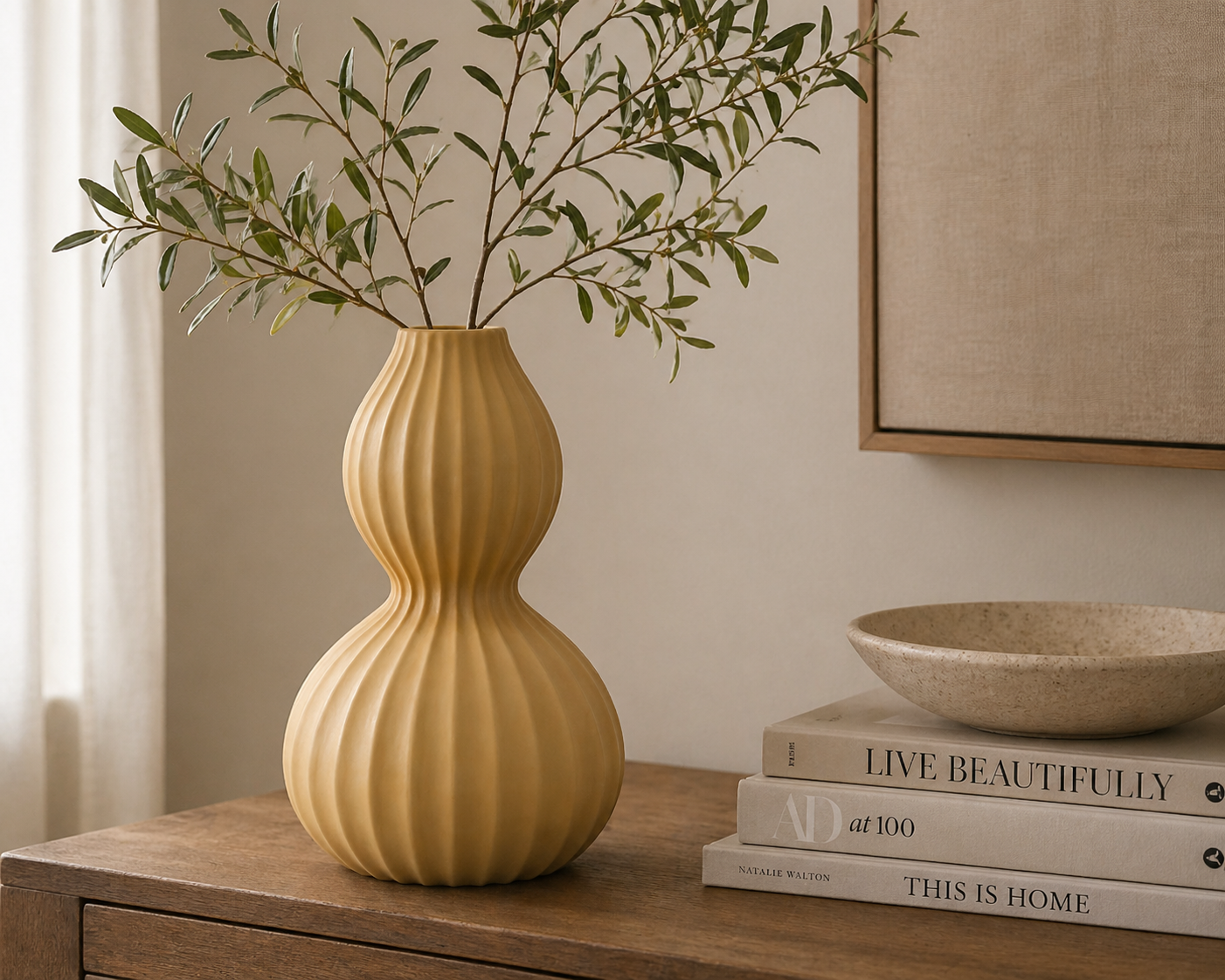 Elegant Ribbed Double Gourd Decorative Vase Modern Textured Home Decor Accent - Musturd Yellow