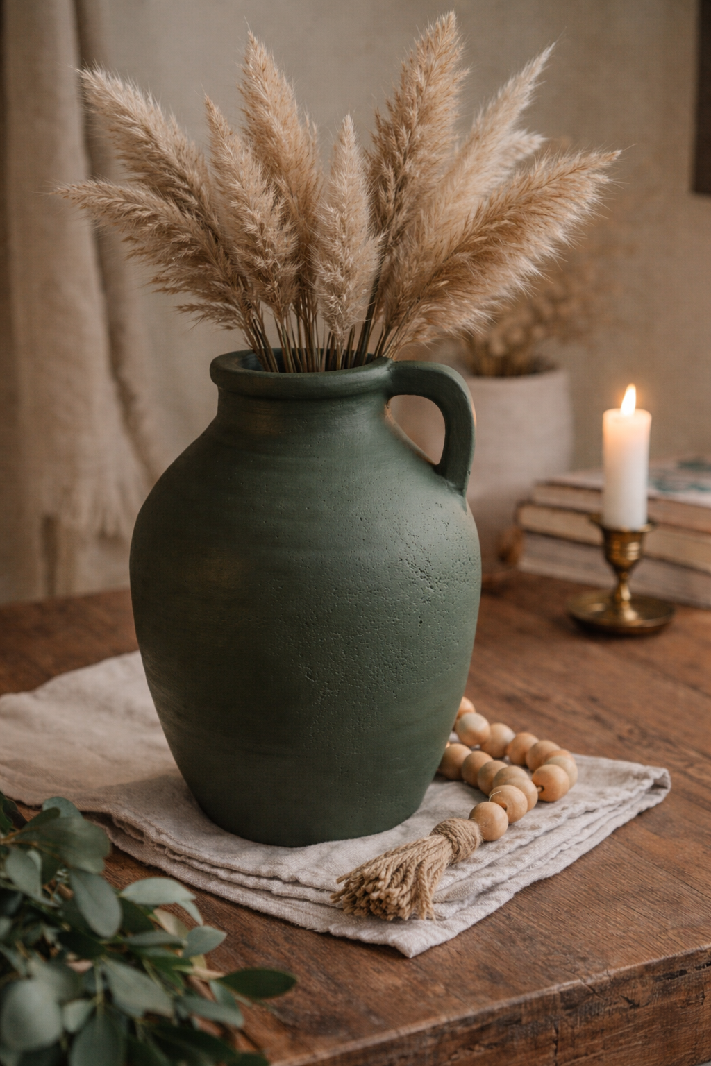Rustic Minimalist Decorative Vase with Handle - Olive Gris