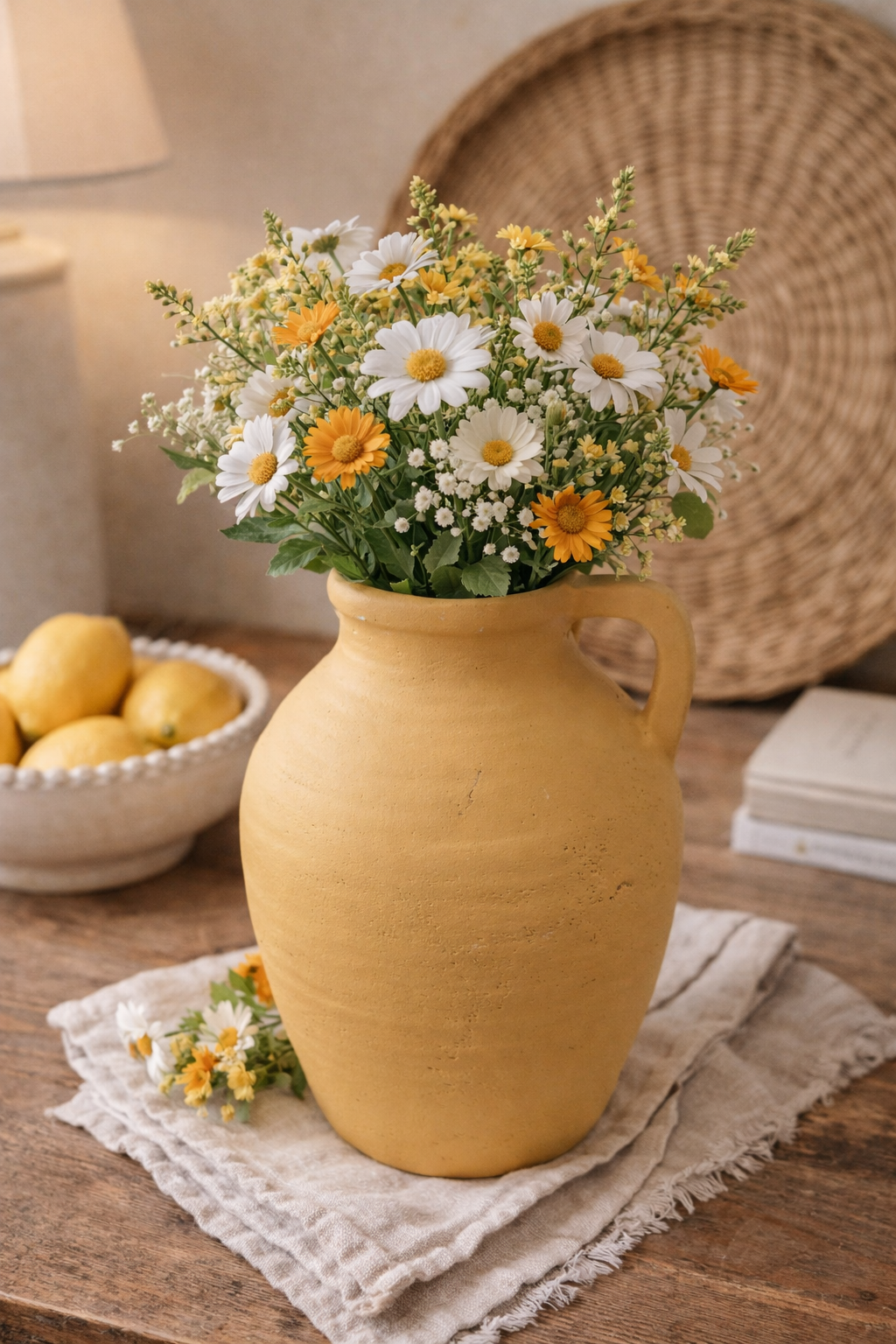 Rustic Minimalist Decorative Vase with Handle - Marble Finish