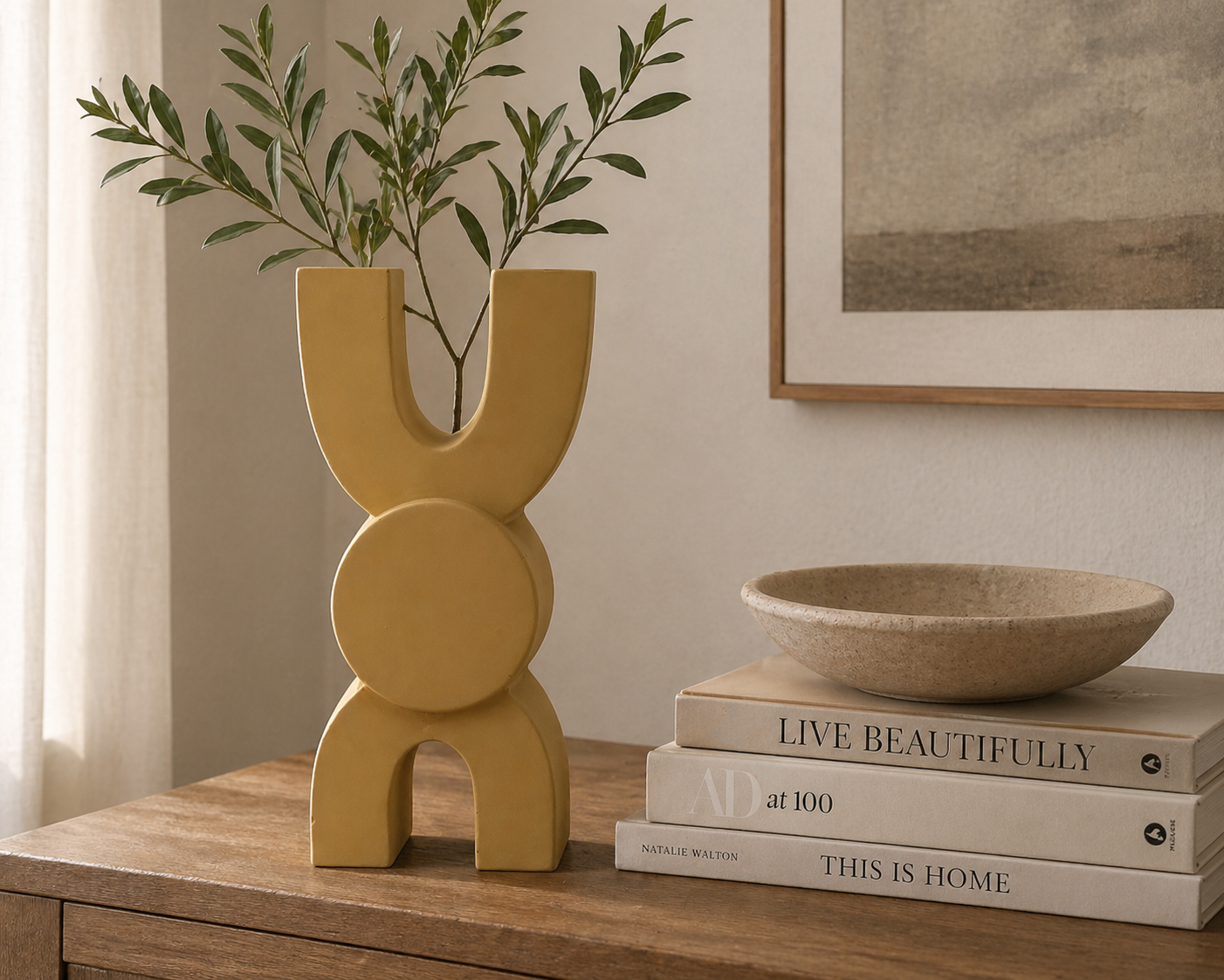 Modern Dual Tube Geometric Decorative Vase Contemporary Sculptural Tabletop Accent - Musturd Yellow