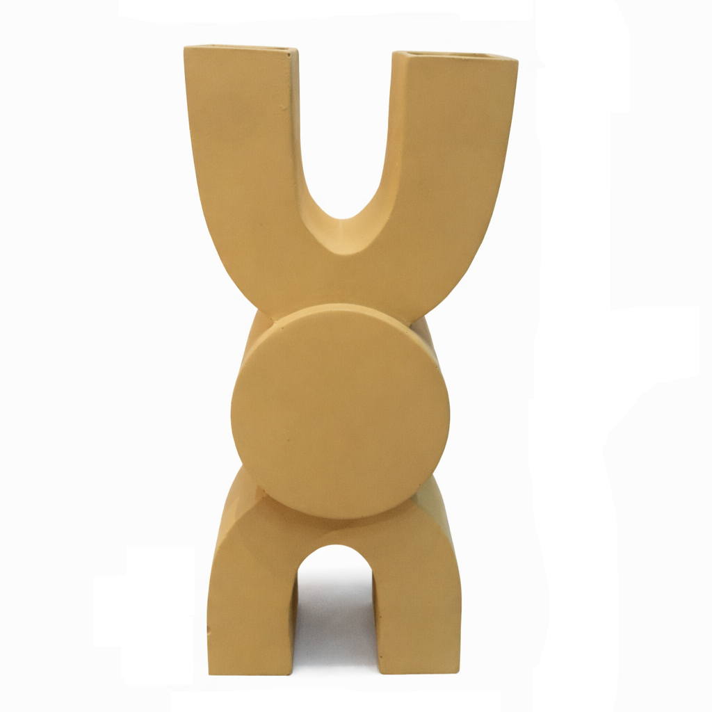 Modern Dual Tube Geometric Decorative Vase Contemporary Sculptural Tabletop Accent - Musturd Yellow