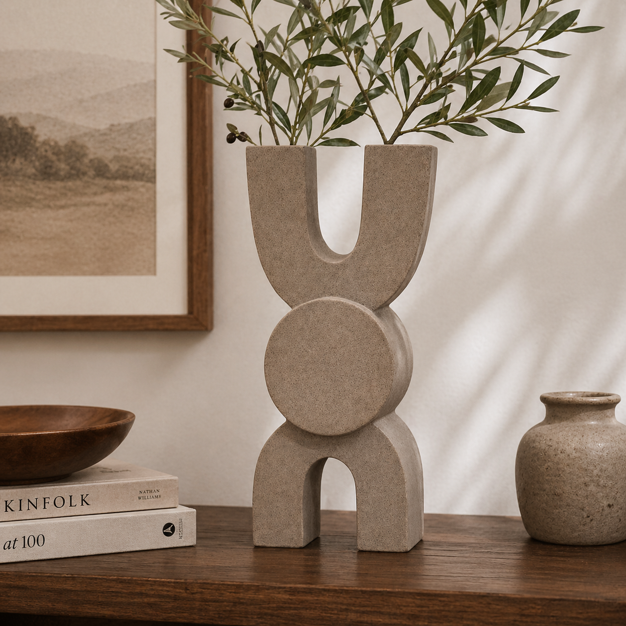 Modern Dual Tube Geometric Decorative Vase Contemporary Sculptural Tabletop Accent - Olive Gris