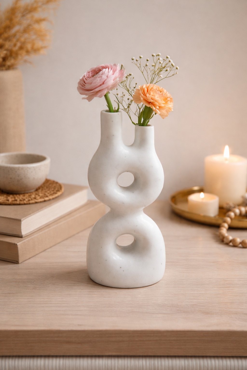 Modern Abstract Dual Neck Decorative Vase Sculptural Hollow Design Flower Vase - Marble Finish