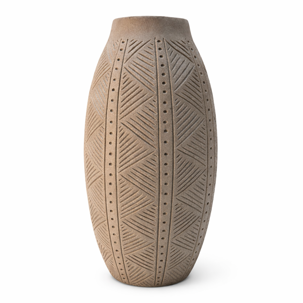 Elegant Textured Geometric Decorative Vase – Modern Neutral Home Décor Showpiece - Sand Fiish