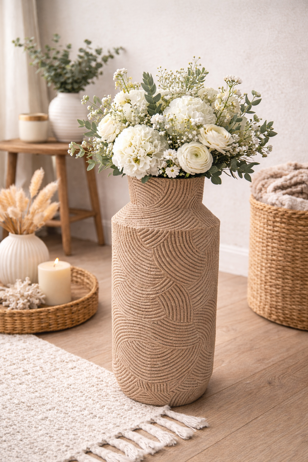 Textured Geometric Pattern Decorative Vase Modern Sculpted Home Décor Accent - Sand Finish
