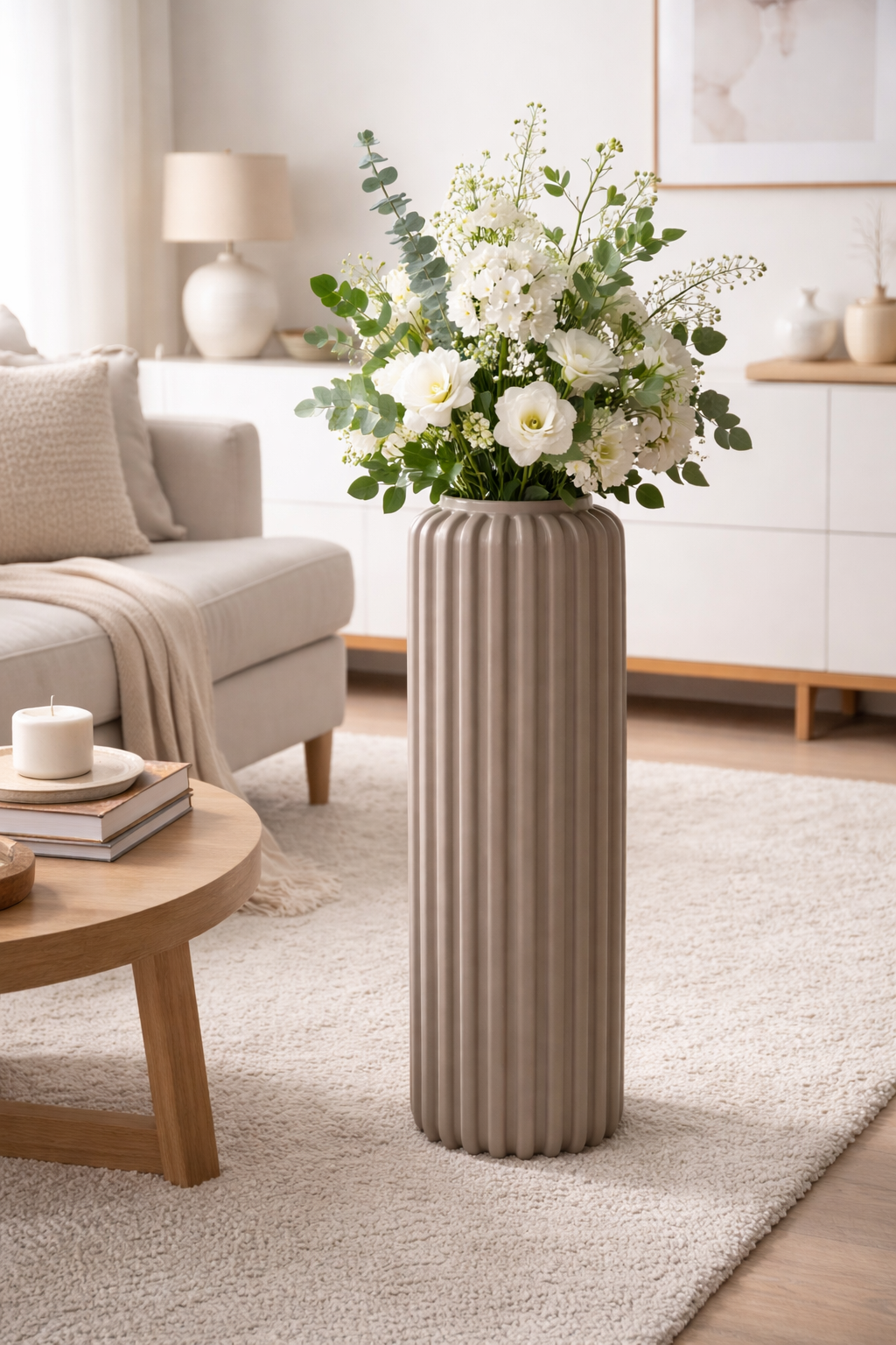 Elegant Fluted White Decorative Vase Modern Minimalist Home Décor Accent - Sand Finish – Composite Sand