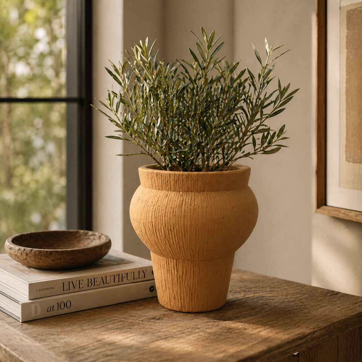 Modern Textured Decorative Vase Ribbed Polyresin Flower Vase - Jaune Ocre – Polyresin