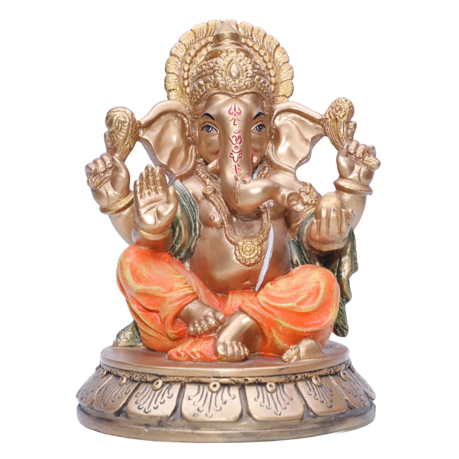 Ashnam Ladoo Round Base Ganesha - Gold & Orange, 19.5cm