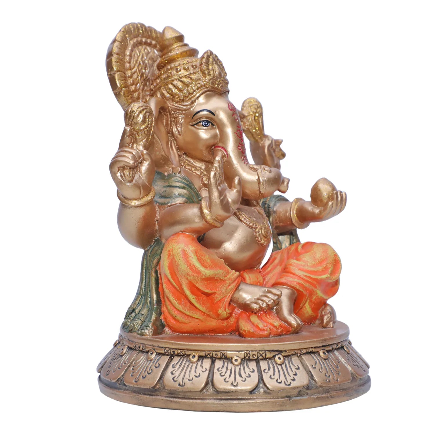 Ashnam Ladoo Round Base Ganesha - Gold & Orange, 19.5cm