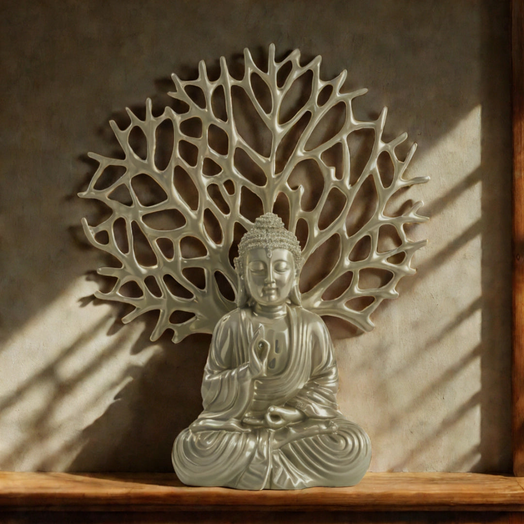 Ashnam Debating Buddha with Tree Decorative Showpiece – 31.3 Cm, Olive