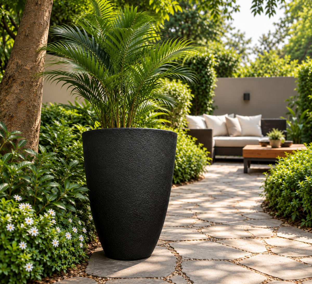 Modern Textured Round Planter – Black - Lifestyle
