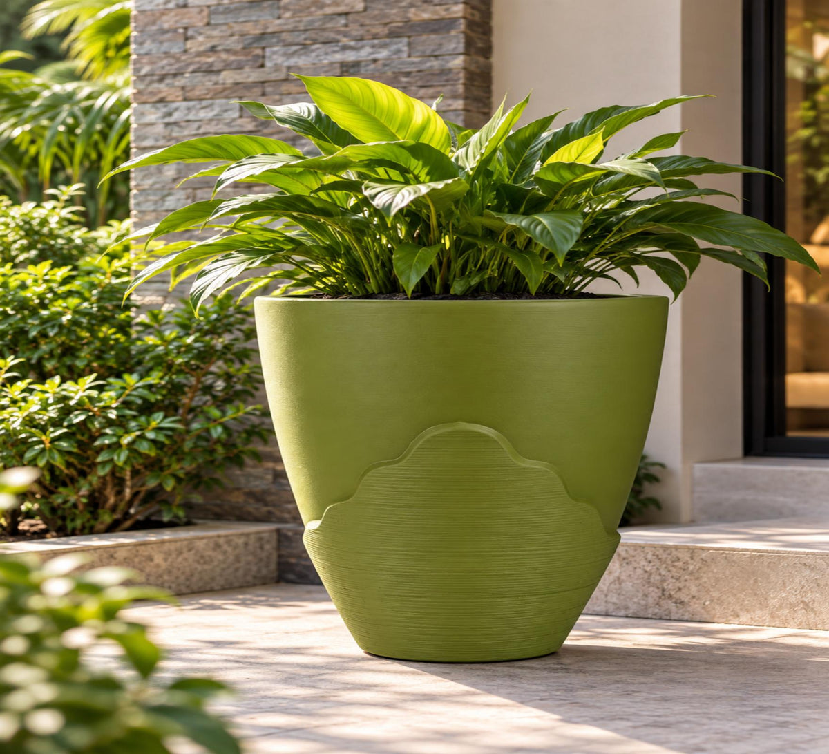 Contour Crest Outdoor Planter – Olive Green - Lifestyle