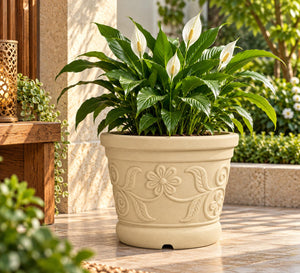 Floral Heritage Outdoor Planter – Sandstone Beige - Lifestyle