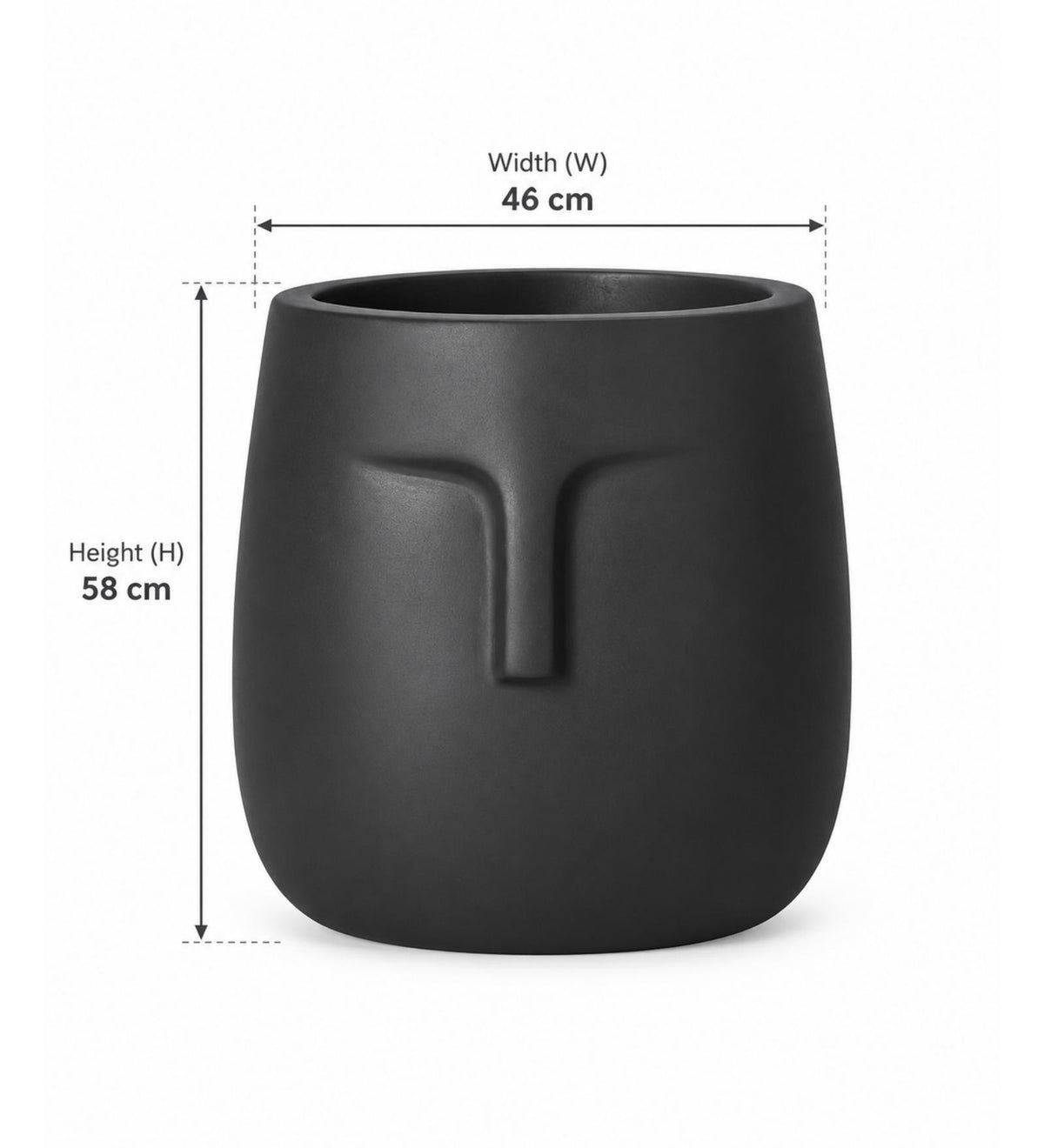 Sculpted Face Indoor Planter – Matte Black - Dimensions